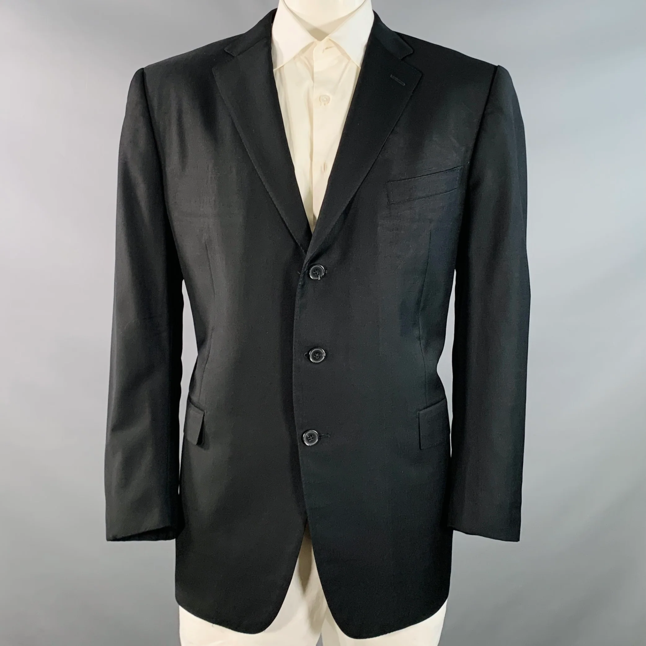 ERMENEGILDO ZEGNA Size 48 Regular Black Wool Twill Notch Lapel Sport Coat