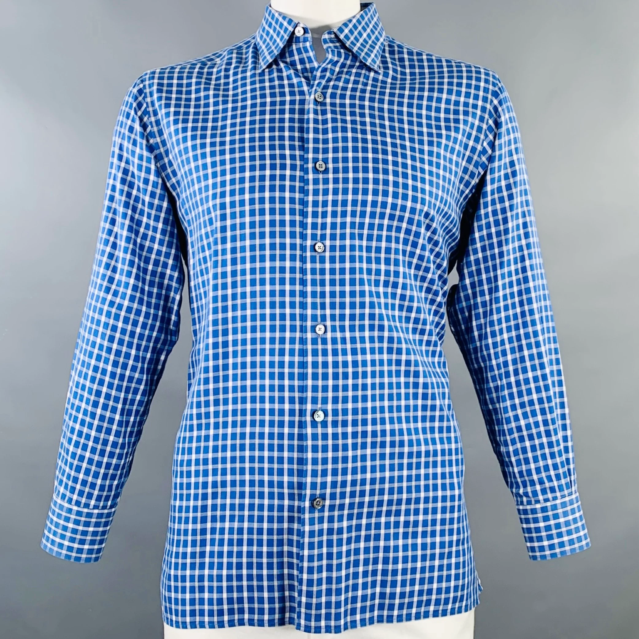 ERMENEGILDO ZEGNA Size L Blue White Checkered Cotton Long Sleeve Shirt