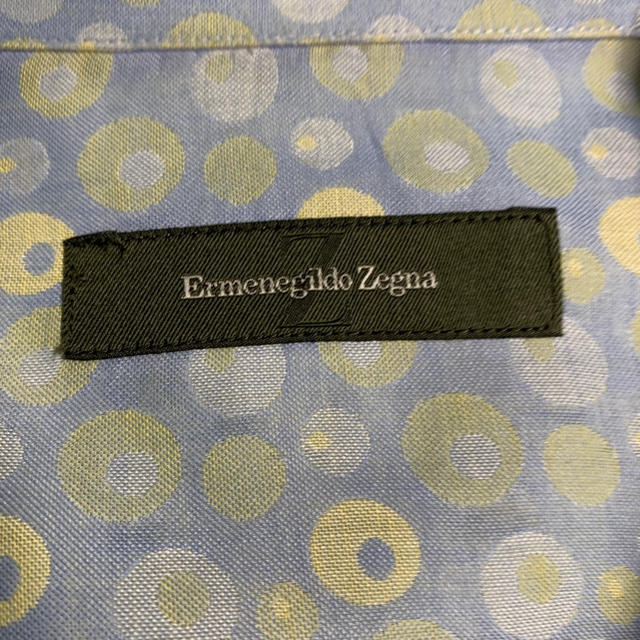 ERMENEGILDO ZEGNA Size L Blue Yellow Dots Cotton One Pocket Long Sleeve Shirt - Image 5
