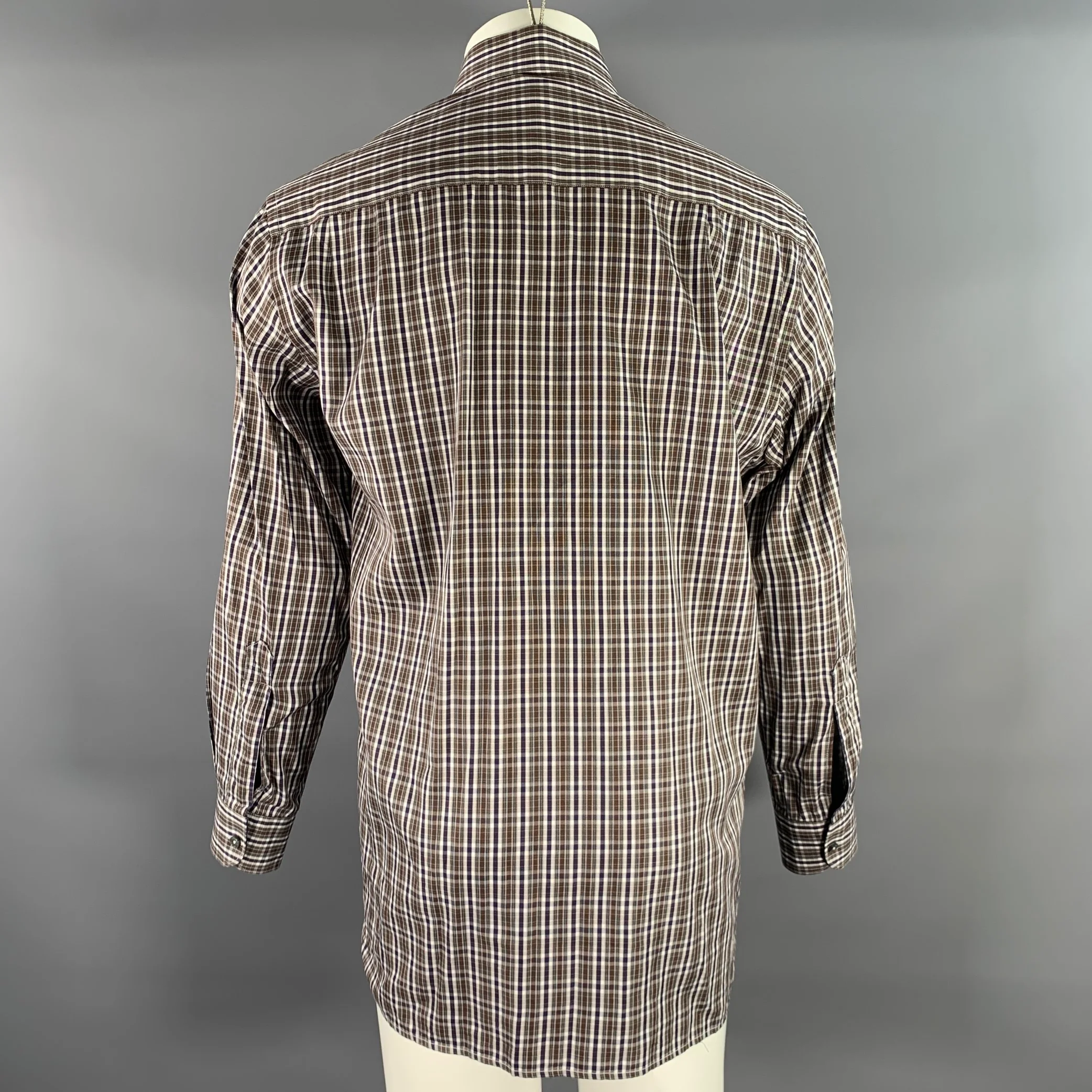 ERMENEGILDO ZEGNA Size L Brown Black White Plaid Cotton Long Sleeve Shirt - Image 4