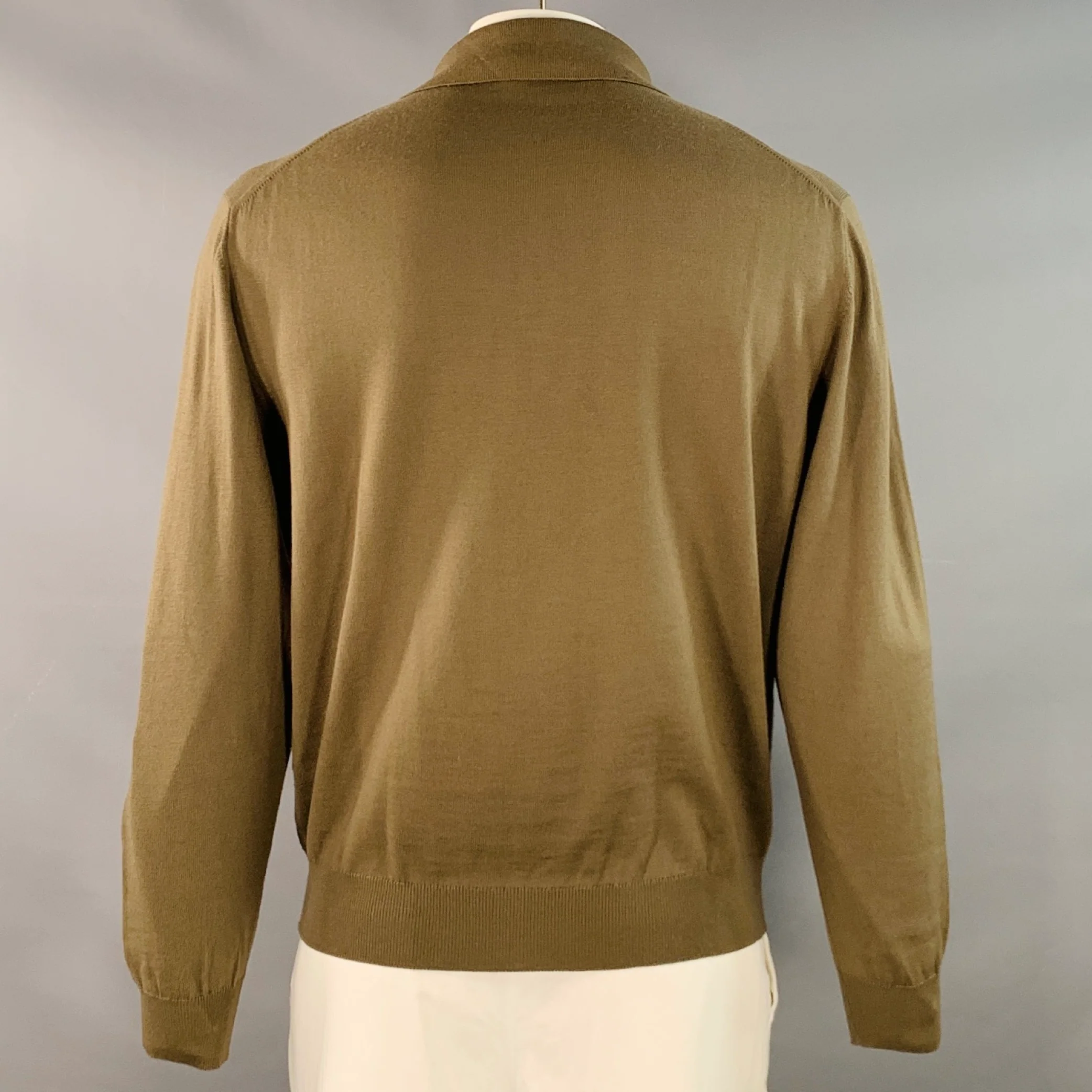 ERMENEGILDO ZEGNA Size L Khaki Wool Long Sleeve Polo Pullover - Image 3