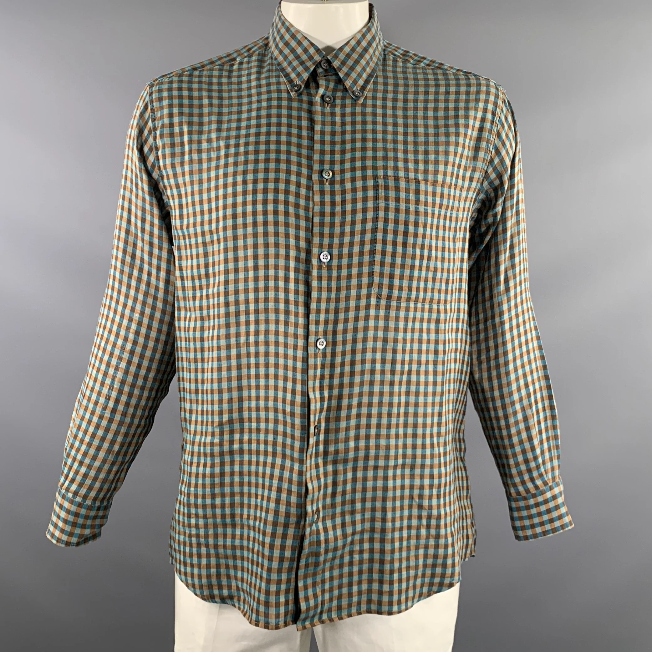 ERMENEGILDO ZEGNA Size L Orange Blue & Grey Checkered Long Sleeve Shirt