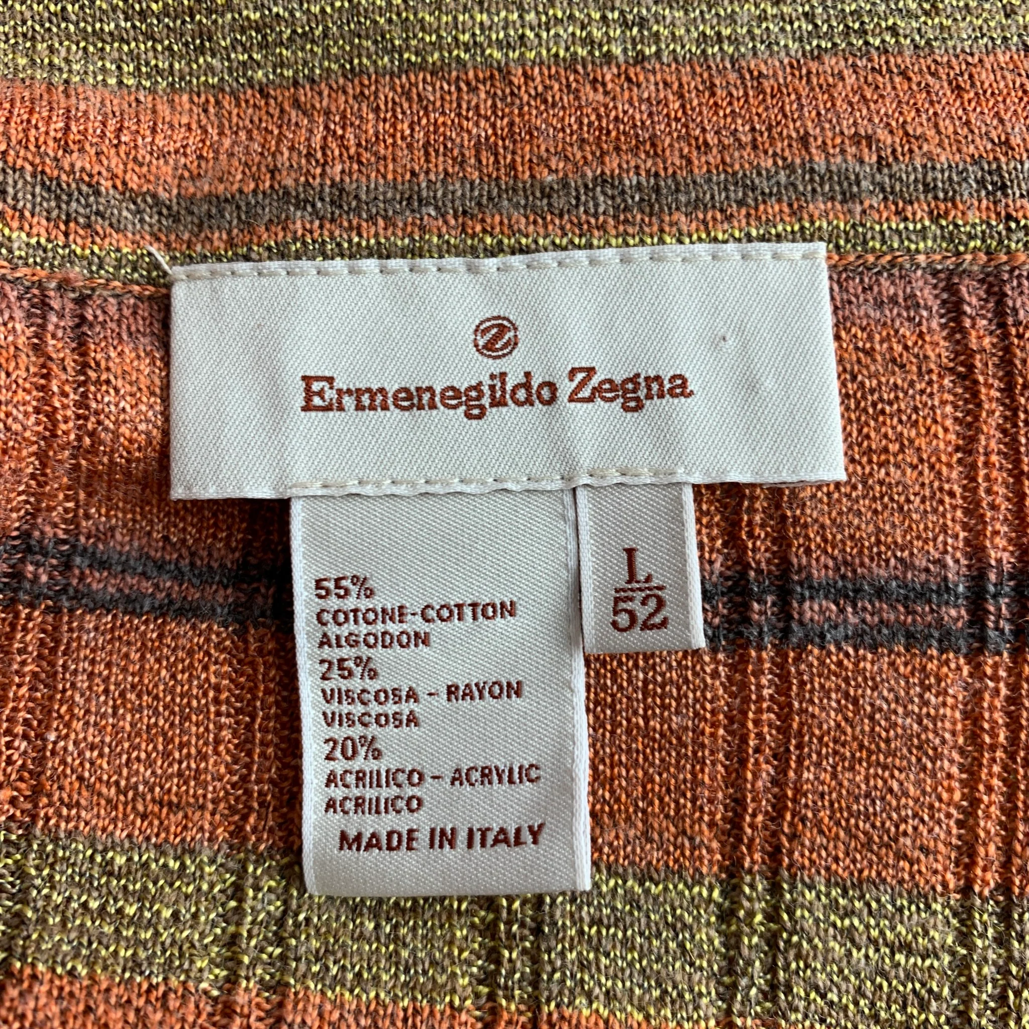 ERMENEGILDO ZEGNA Size L Orange Green Stripe Cotton Blend Short Sleeve Polo - Image 4