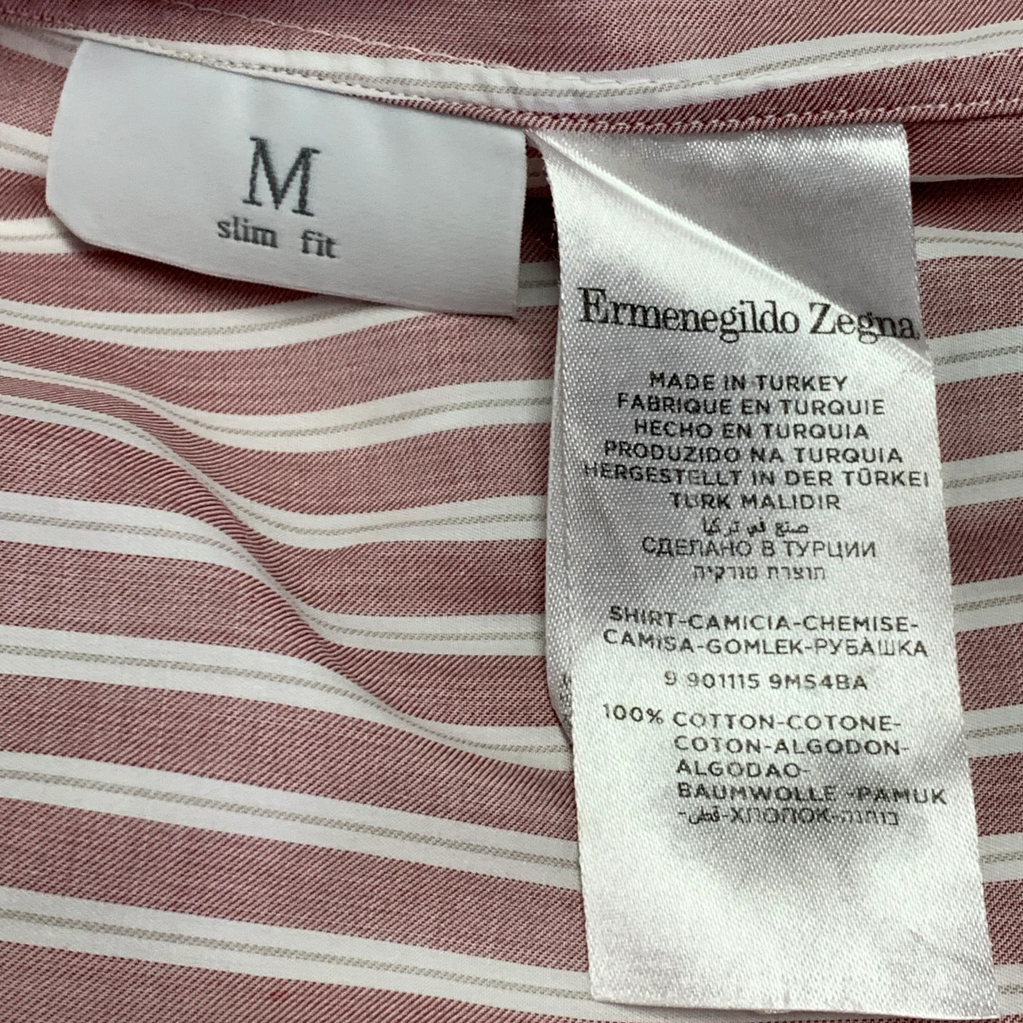 ERMENEGILDO ZEGNA Size L Pink White Stripe Cotton Slim Fit Long Sleeve Shirt - Image 6