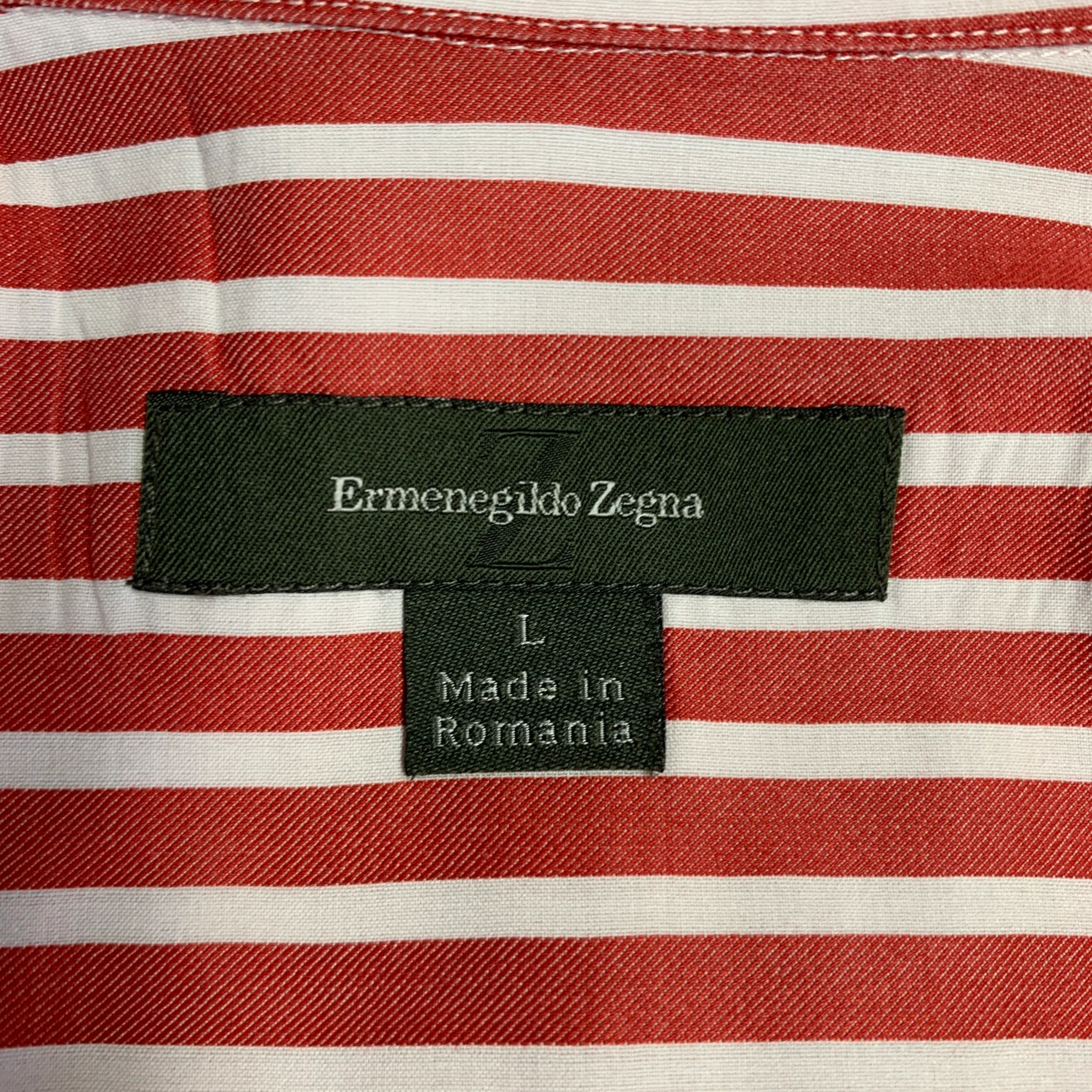 ERMENEGILDO ZEGNA Size L Red White Stripe Cotton Button Up Long Sleeve Shirt - Image 4