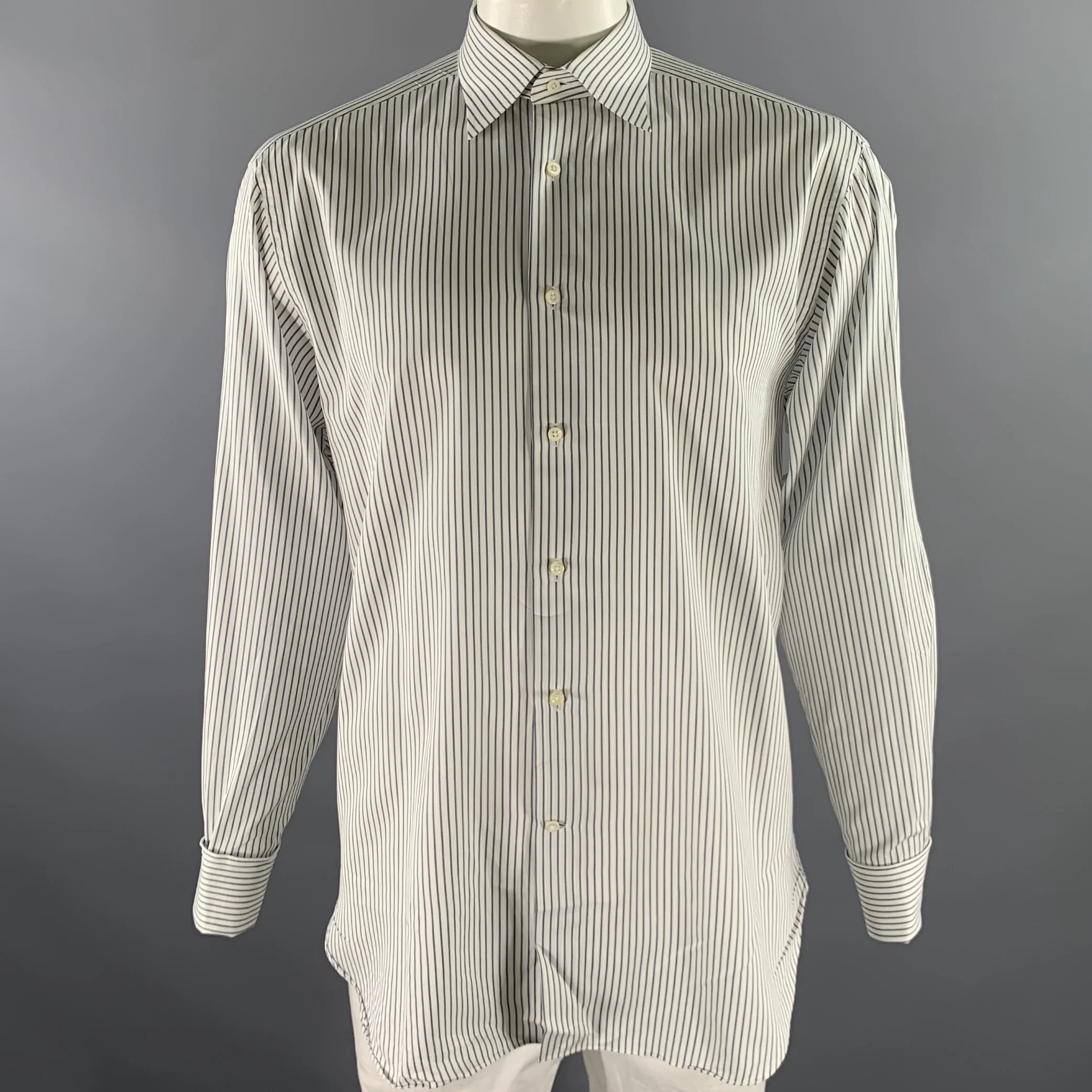 ERMENEGILDO ZEGNA Size L White Navy Stripe Cotton French Cuff Long Sleeve Shirt