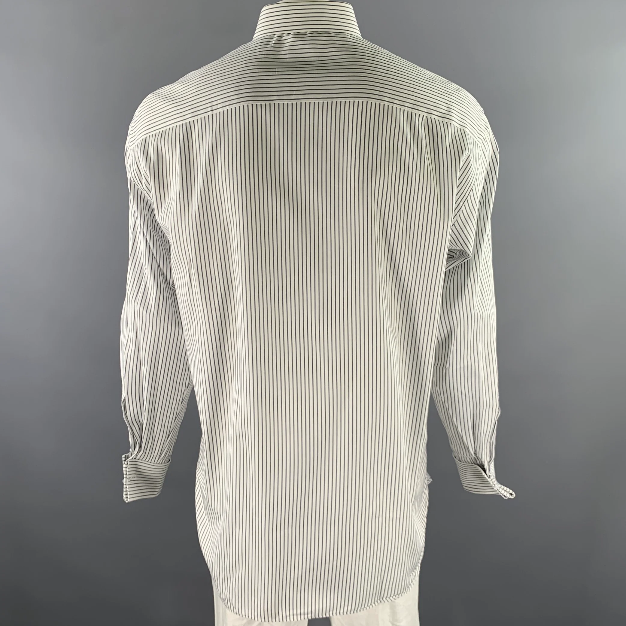 ERMENEGILDO ZEGNA Size L White Navy Stripe Cotton French Cuff Long Sleeve Shirt - Image 4