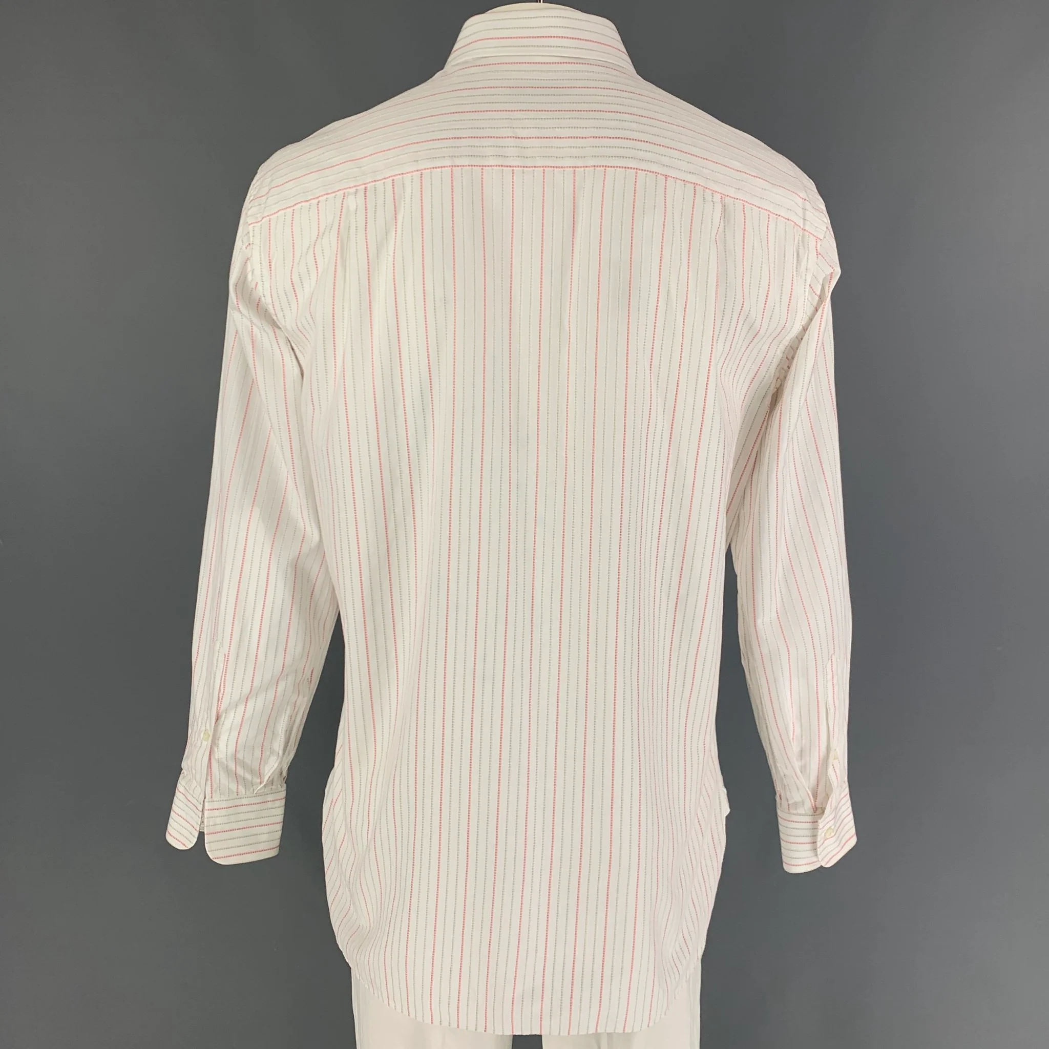 ERMENEGILDO ZEGNA Size L White Orange Stripe Cotton Long Sleeve Shirt - Image 3