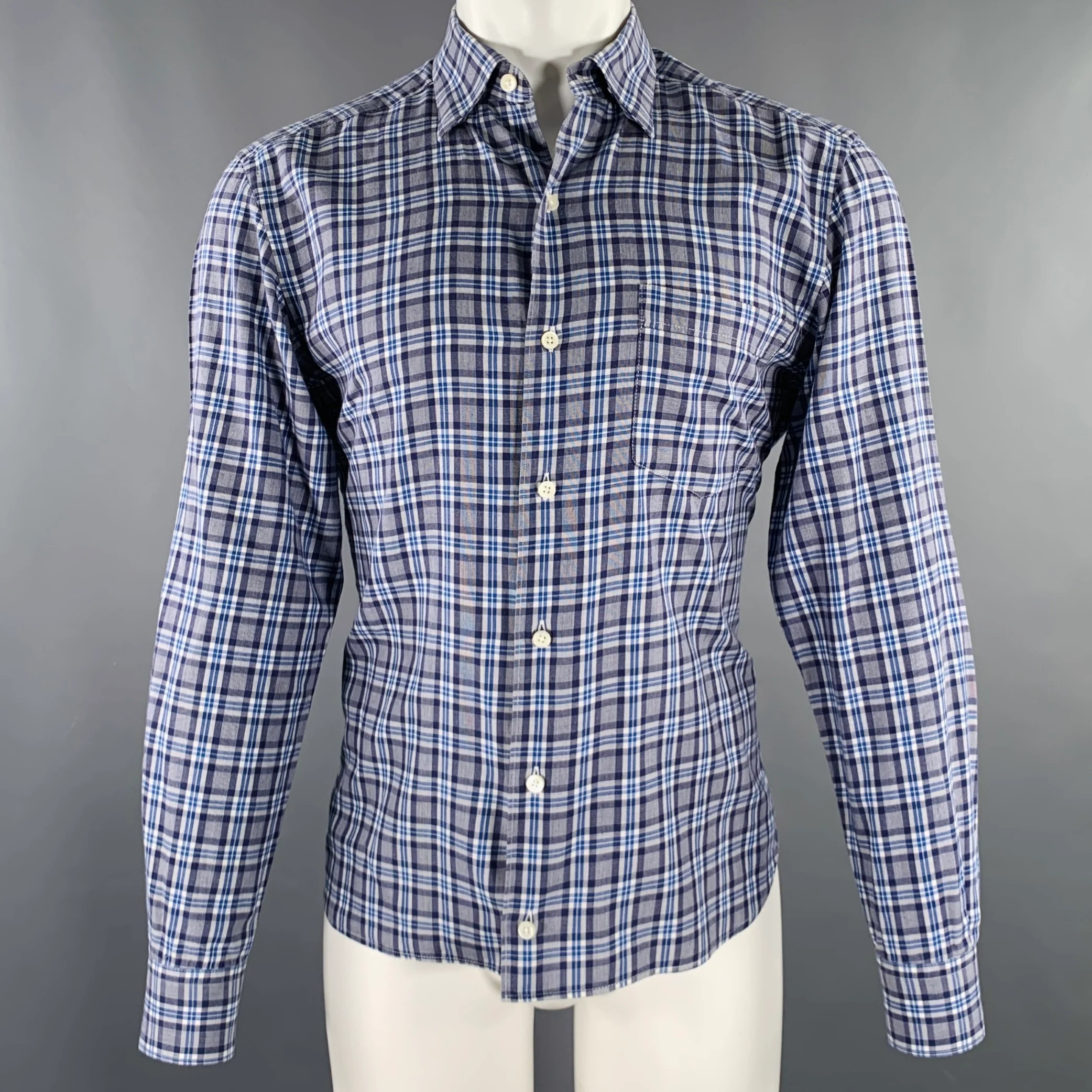 ERMENEGILDO ZEGNA Size M Grey Blue Plaid One Pocket Long Sleeve Shirt