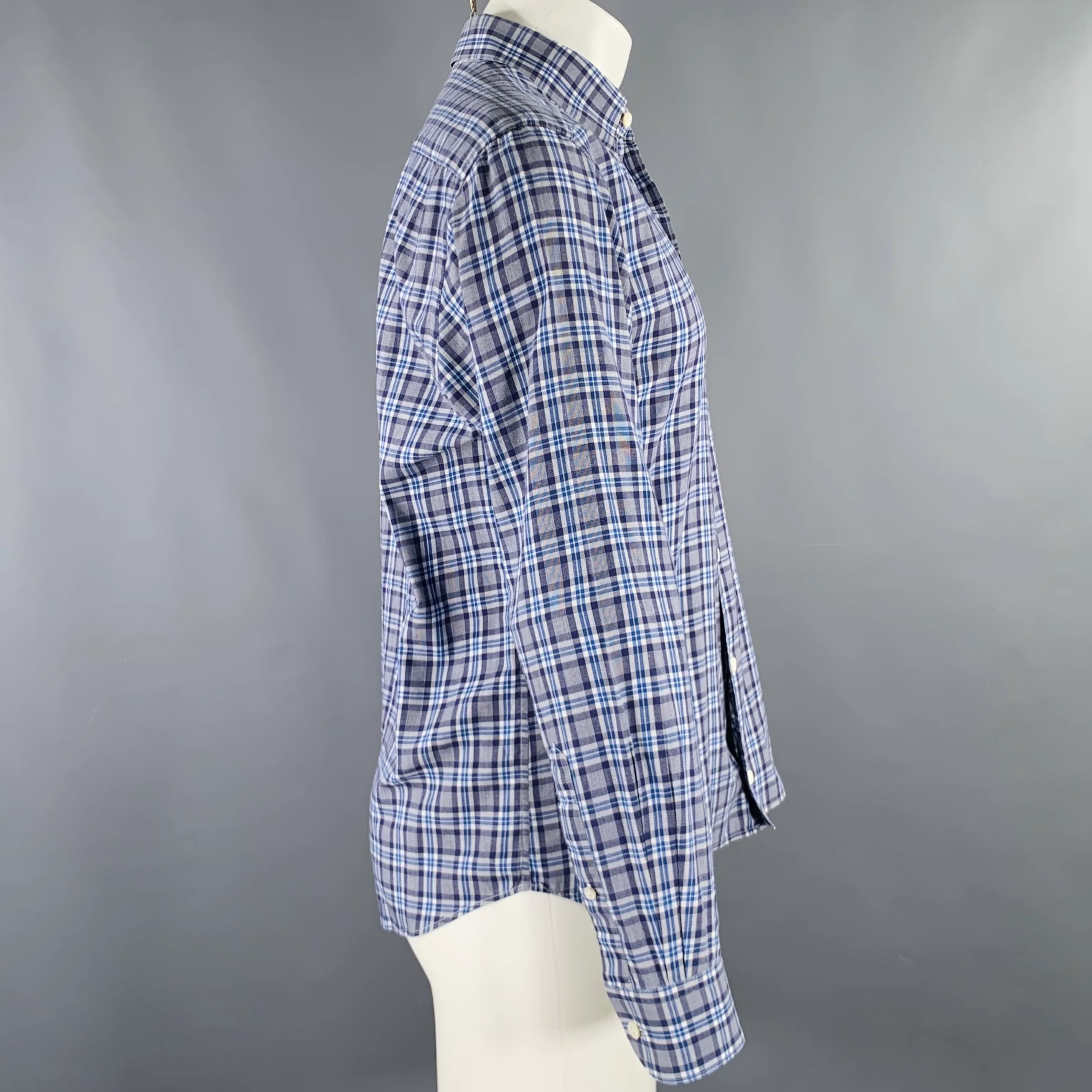 ERMENEGILDO ZEGNA Size M Grey Blue Plaid One Pocket Long Sleeve Shirt - Image 3