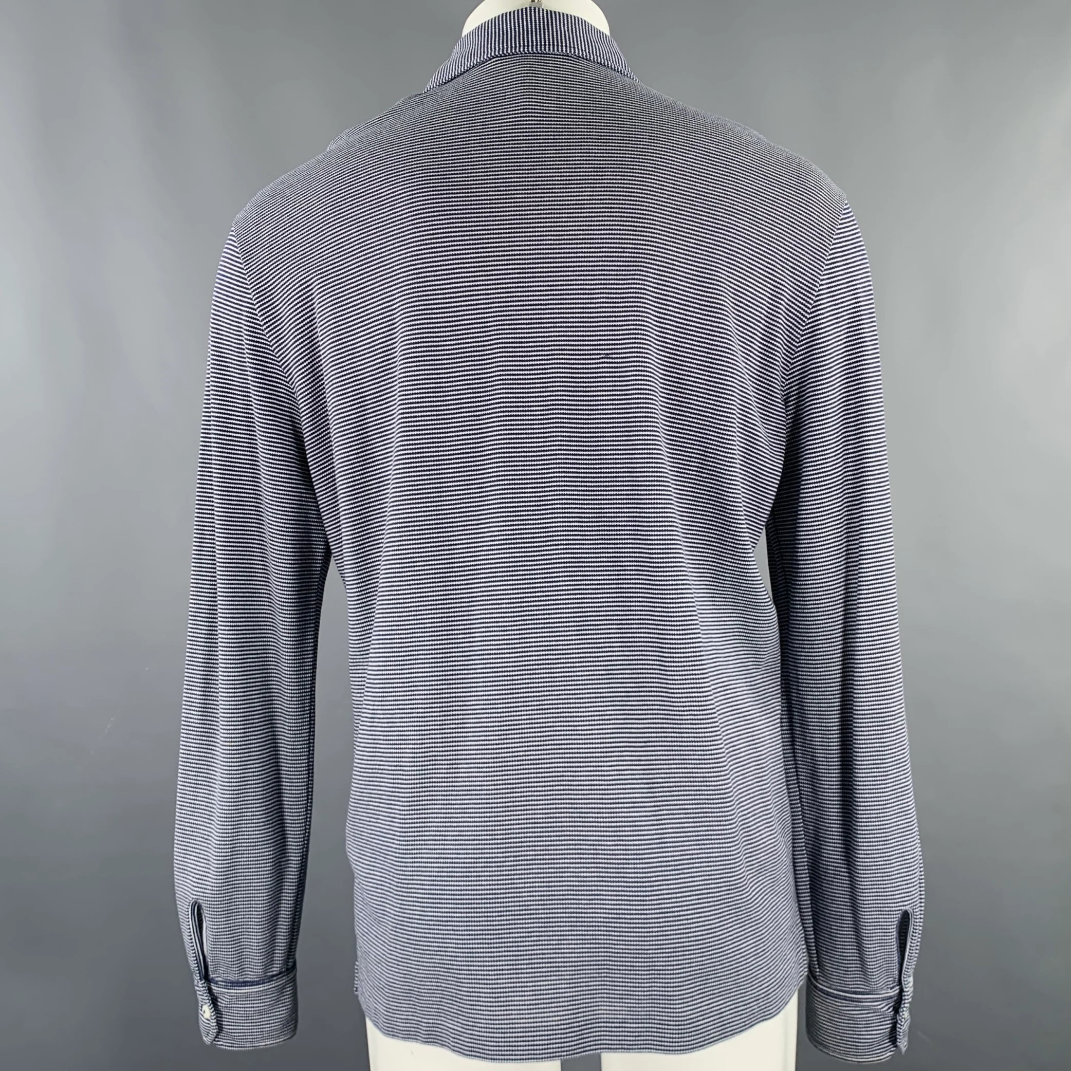 ERMENEGILDO ZEGNA Size M Navy White Stripe Cotton Long Sleeve Polo - Image 4