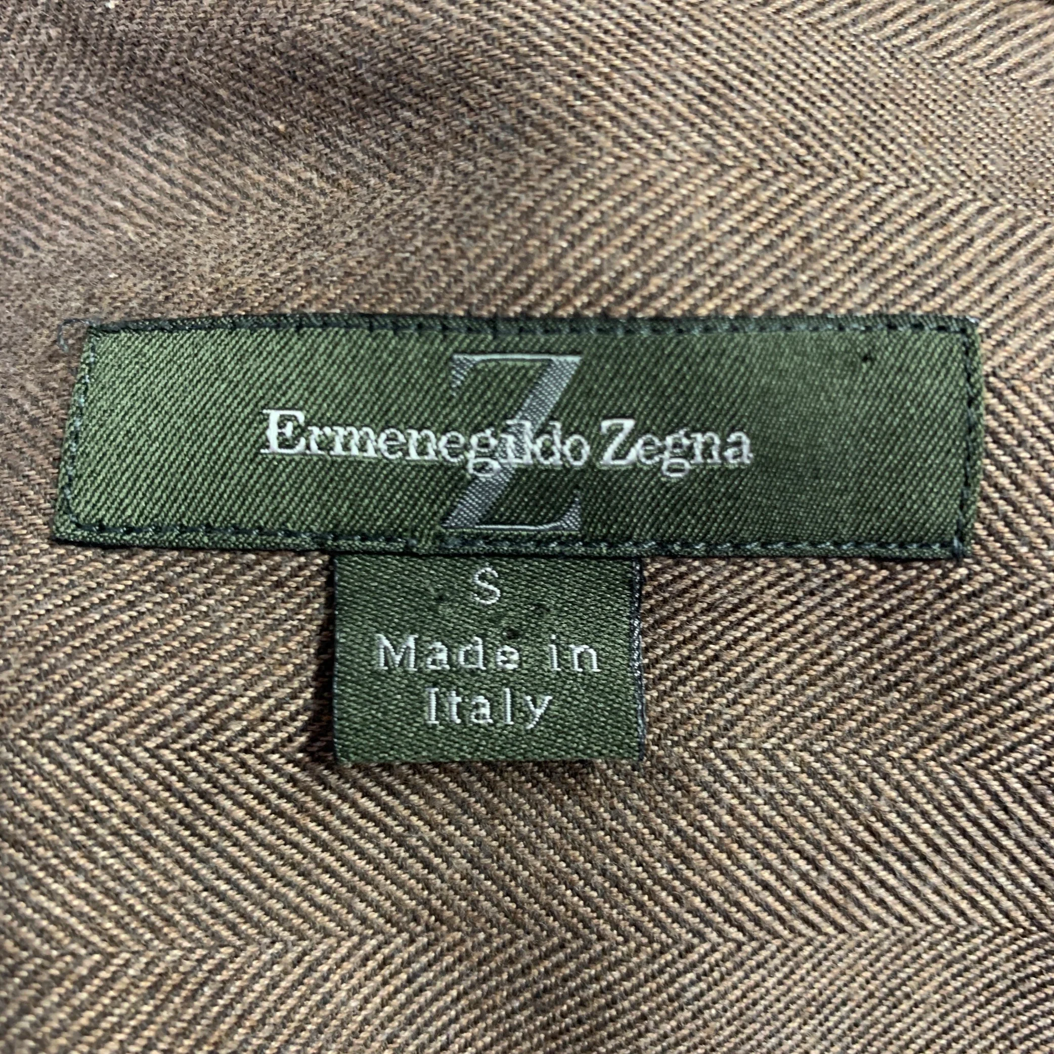 ERMENEGILDO ZEGNA Size S Brown Herringbone Cotton One Pocket Long Sleeve Shirt - Image 5