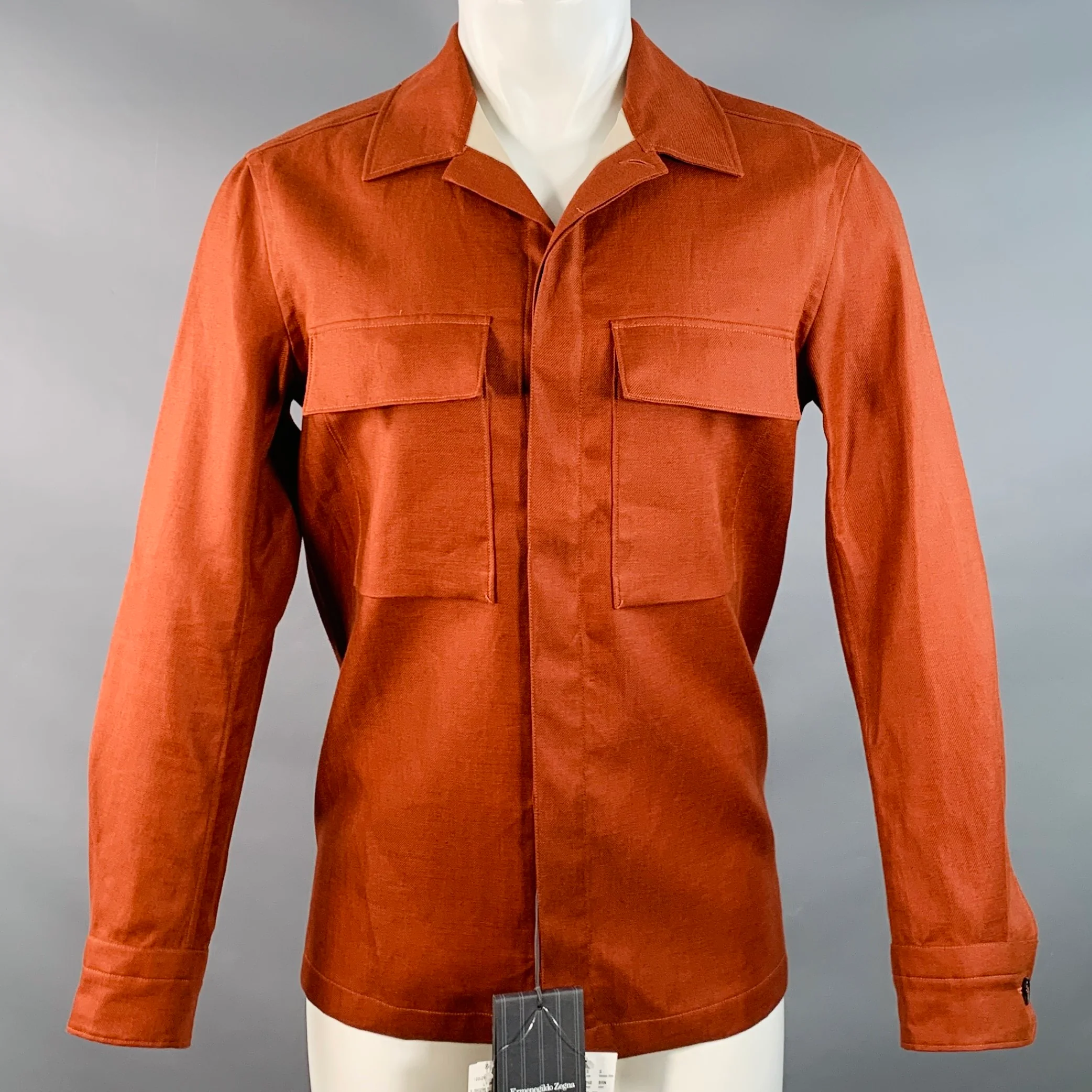 ERMENEGILDO ZEGNA Size S Brown Rust Linen Two Pockets Button Up Jacket