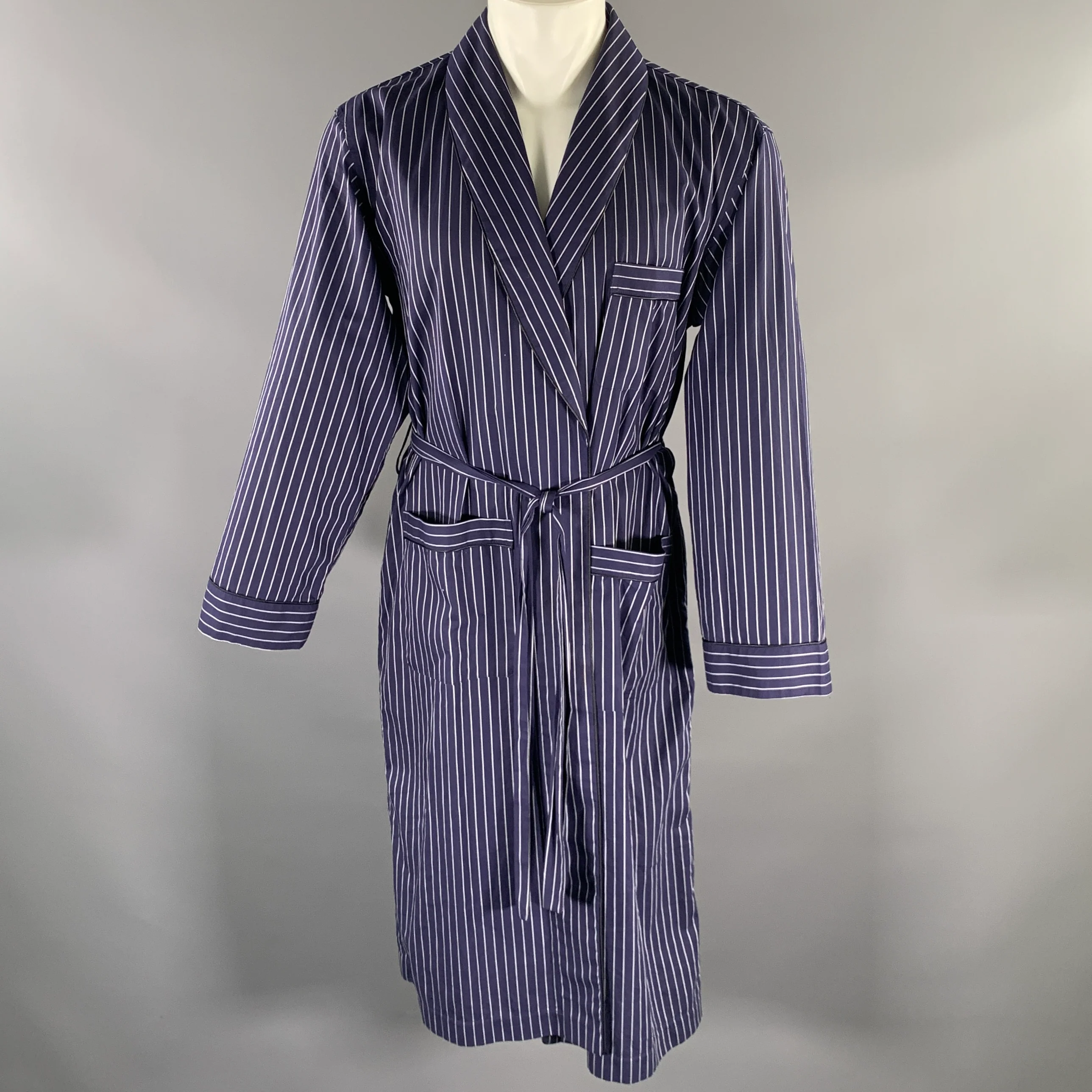 ERMENEGILDO ZEGNA Size S Navy White Pinstripe Cotton Belted Robe