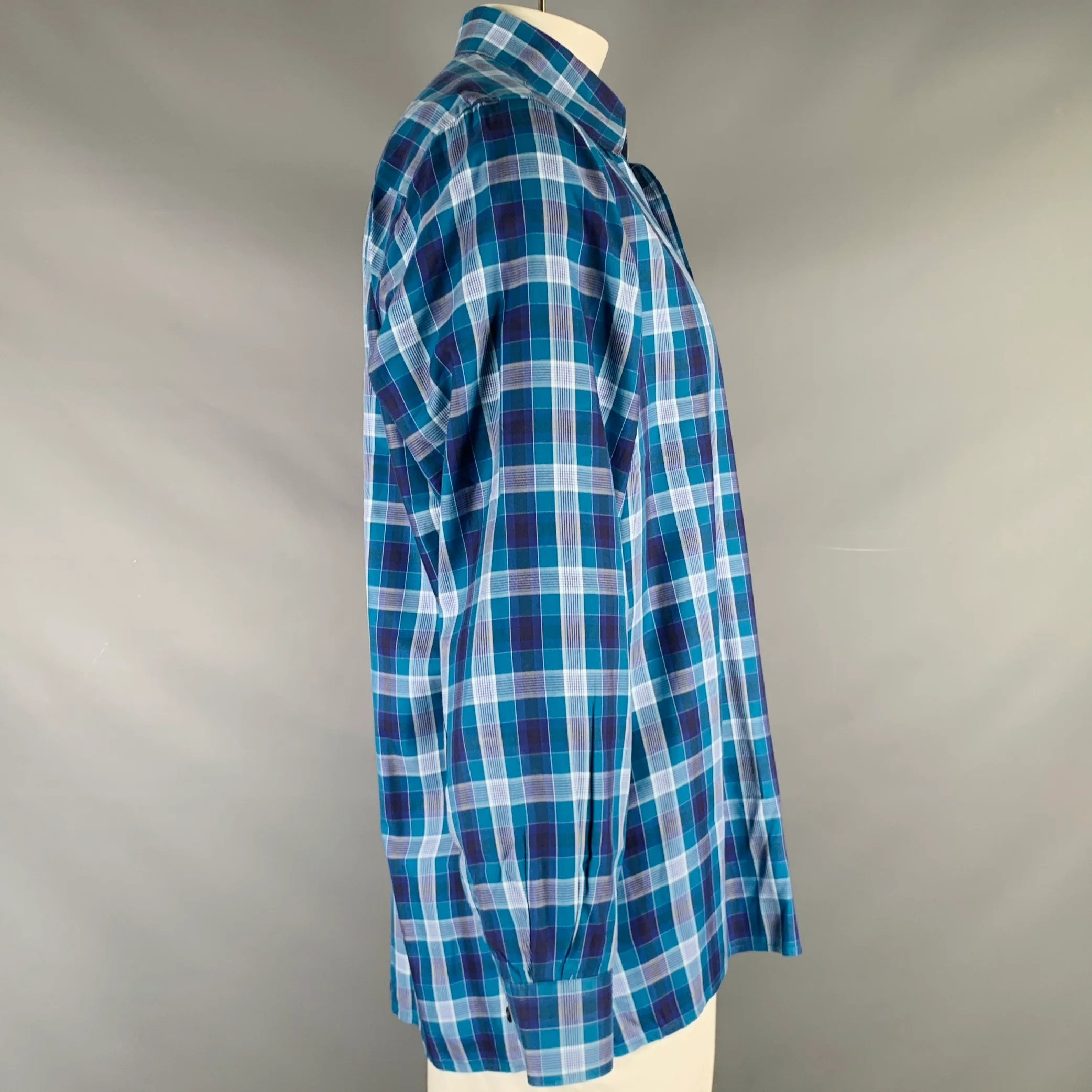ERMENEGILDO ZEGNA Size XL Blue Plaid Cotton Button Up Long Sleeve Shirt - Image 2