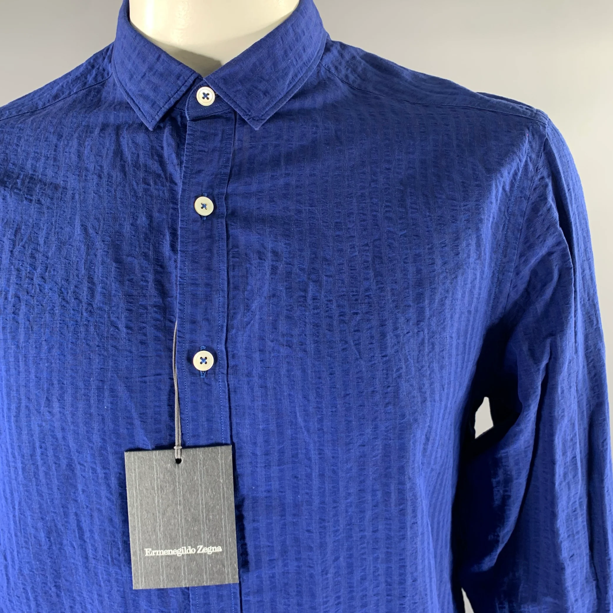 ERMENEGILDO ZEGNA Size XL Blue Seersucker Linen Blend Long Sleeve Shirt - Image 2