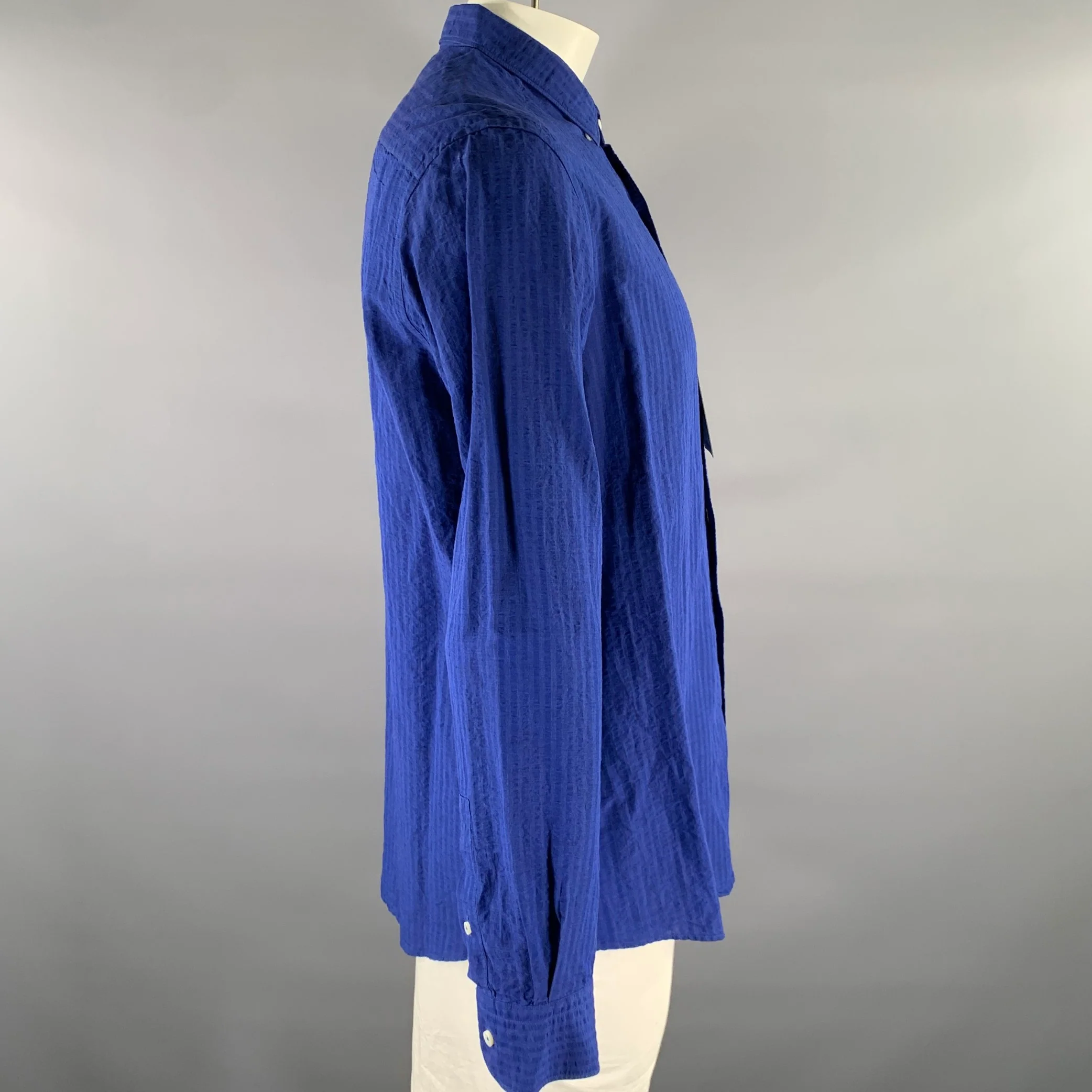 ERMENEGILDO ZEGNA Size XL Blue Seersucker Linen Blend Long Sleeve Shirt - Image 3