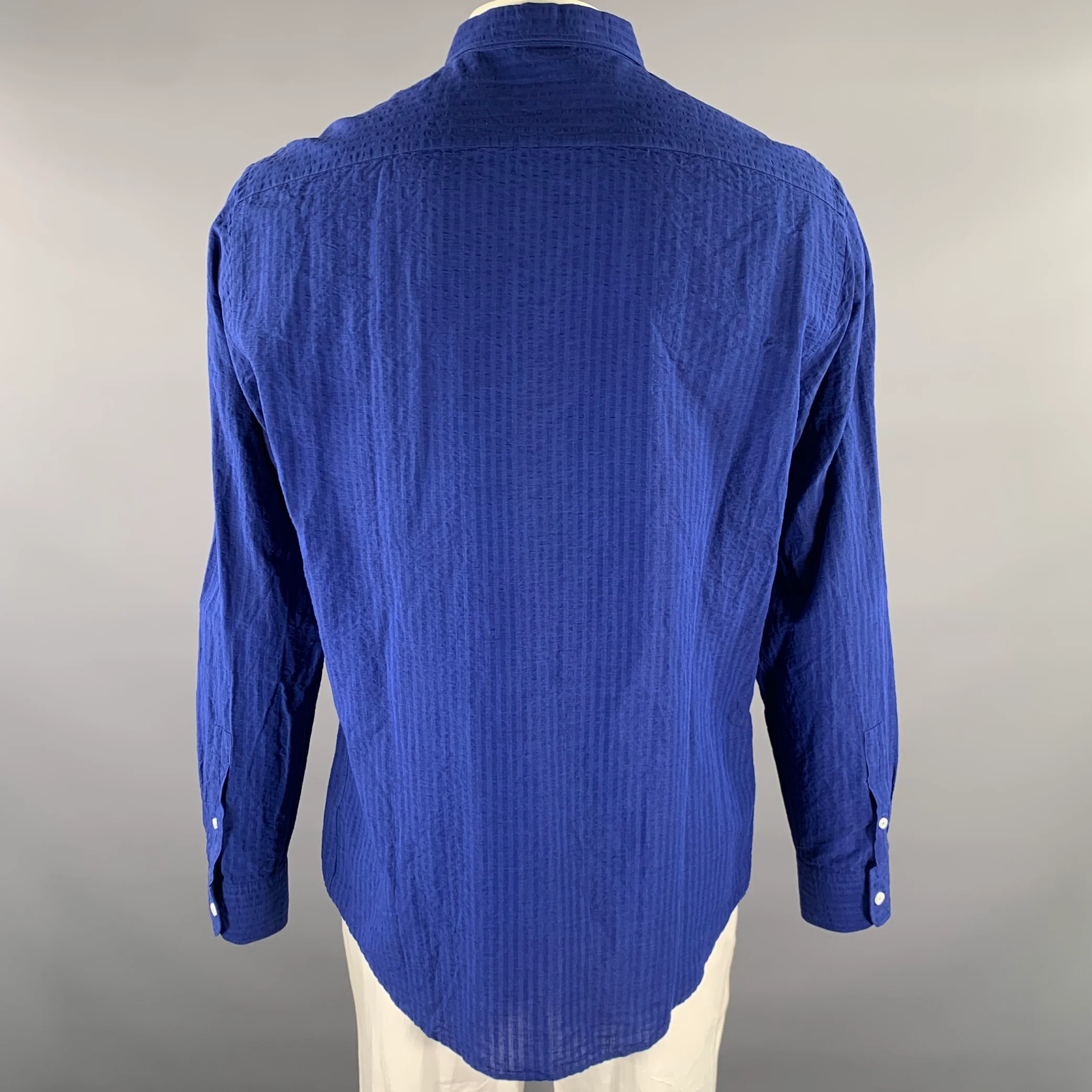 ERMENEGILDO ZEGNA Size XL Blue Seersucker Linen Blend Long Sleeve Shirt - Image 4