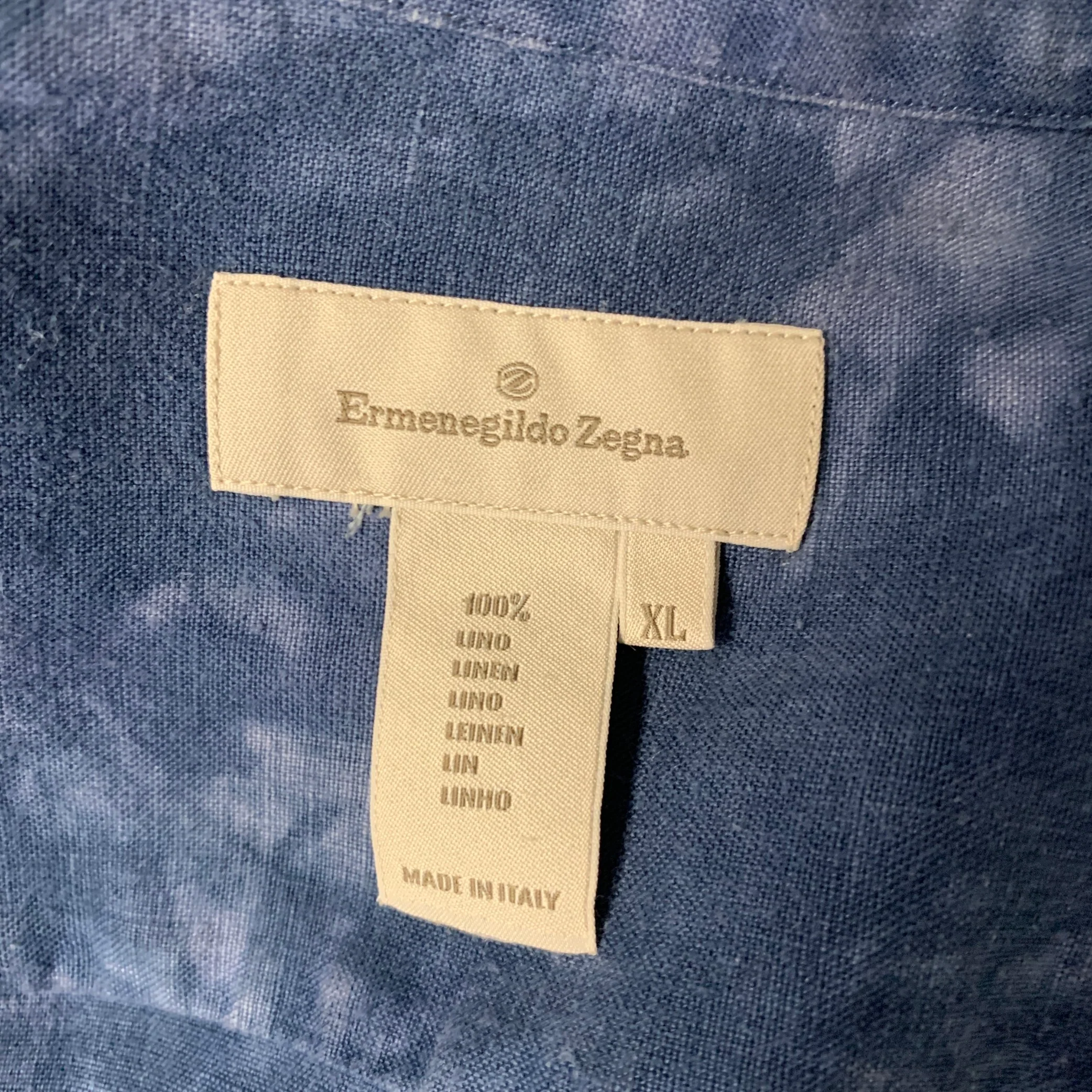 ERMENEGILDO ZEGNA Size XL Blue White Dyed Linen Short Sleeve Shirt - Image 4