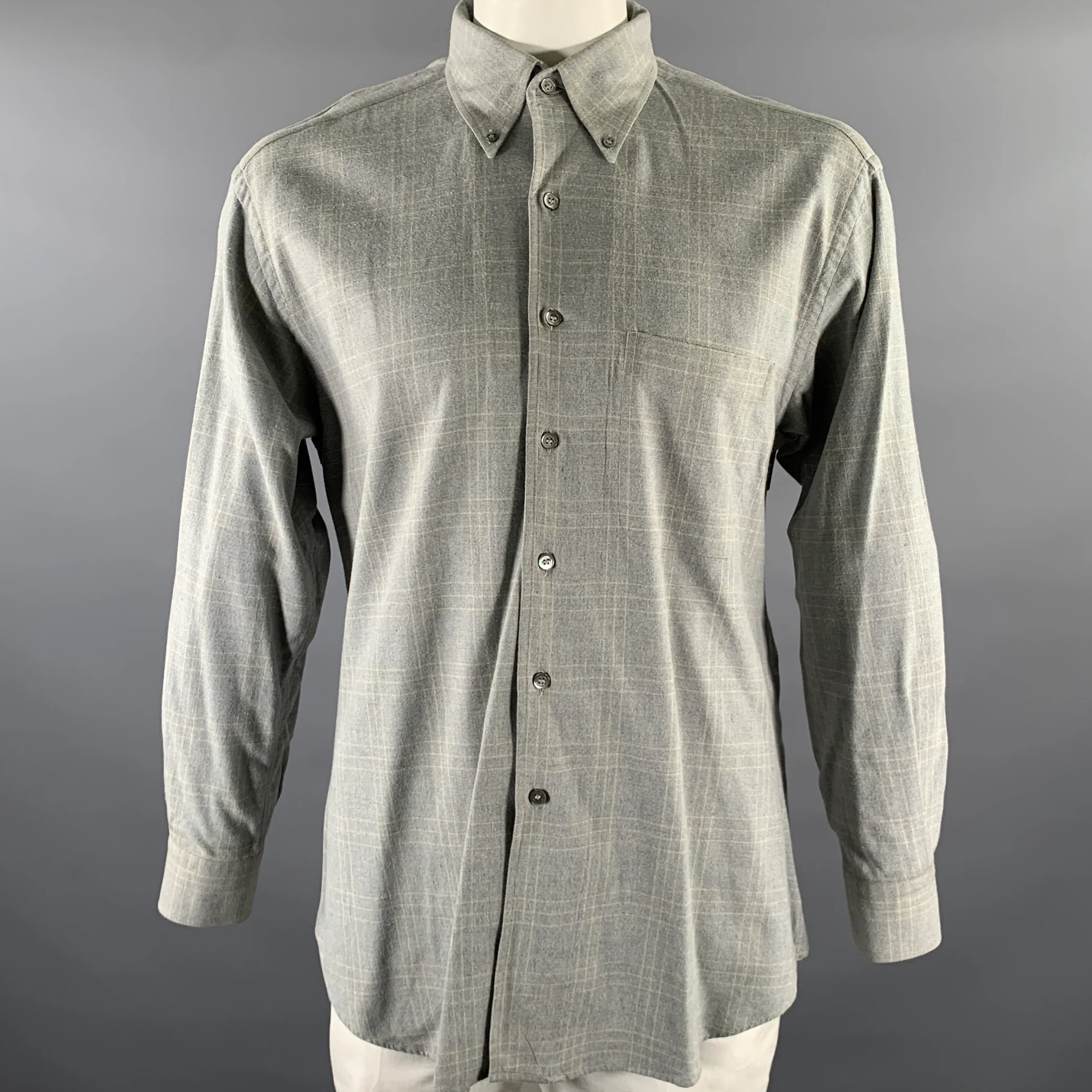 ERMENEGILDO ZEGNA Size XL Grey Plaid Cotton Button Down Long Sleeve Shirt