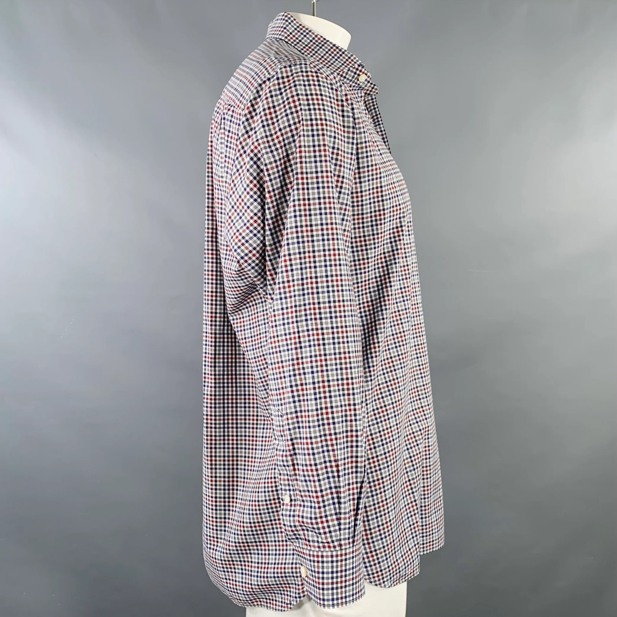 ERMENEGILDO ZEGNA Size XL Navy Red Checkered Cotton Long Sleeve Shirt - Image 3
