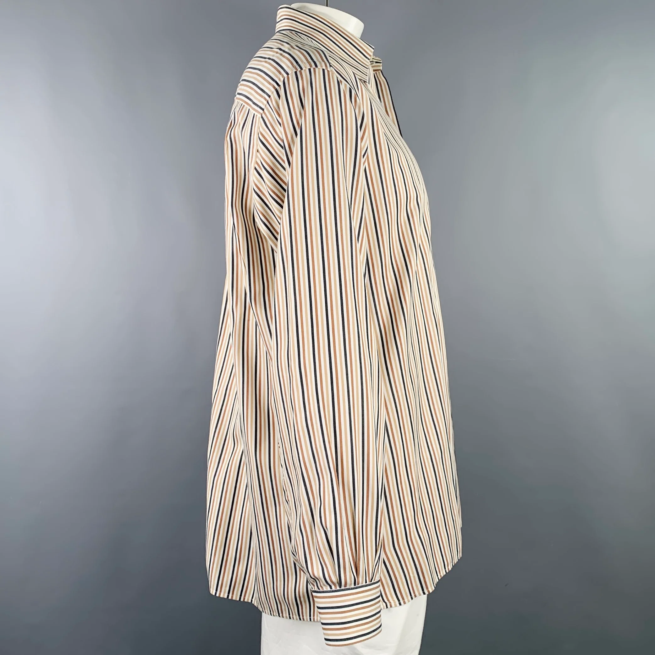 ERMENEGILDO ZEGNA Size XL White Brown Black Stripe Cotton Long Sleeve Shirt - Image 3