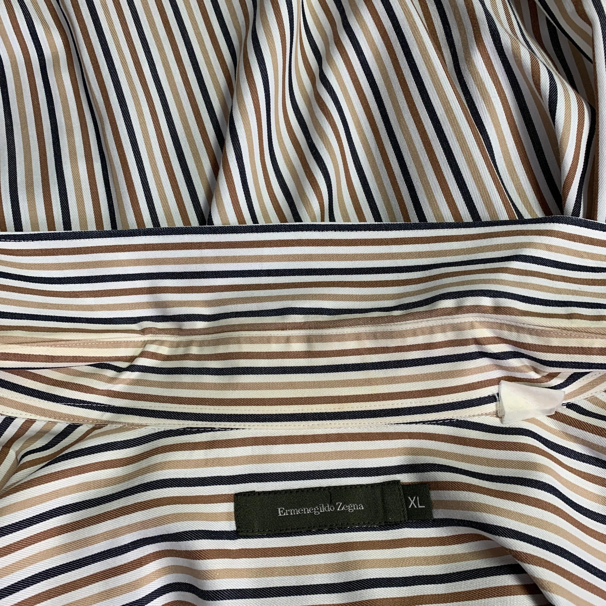 ERMENEGILDO ZEGNA Size XL White Brown Black Stripe Cotton Long Sleeve Shirt - Image 7