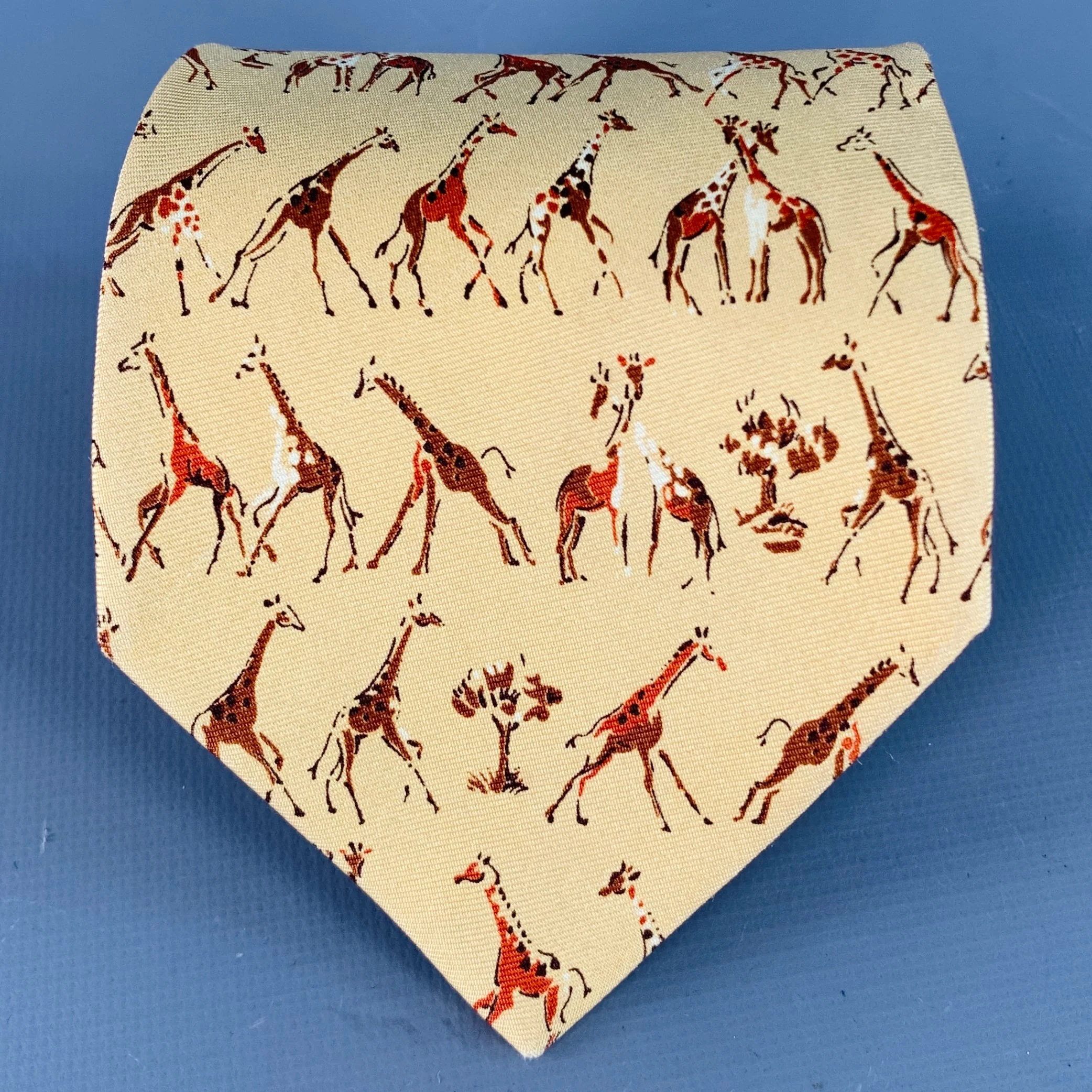 ERMENEGILDO ZEGNA Yellow Red Orange Giraffe Silk Twill Tie