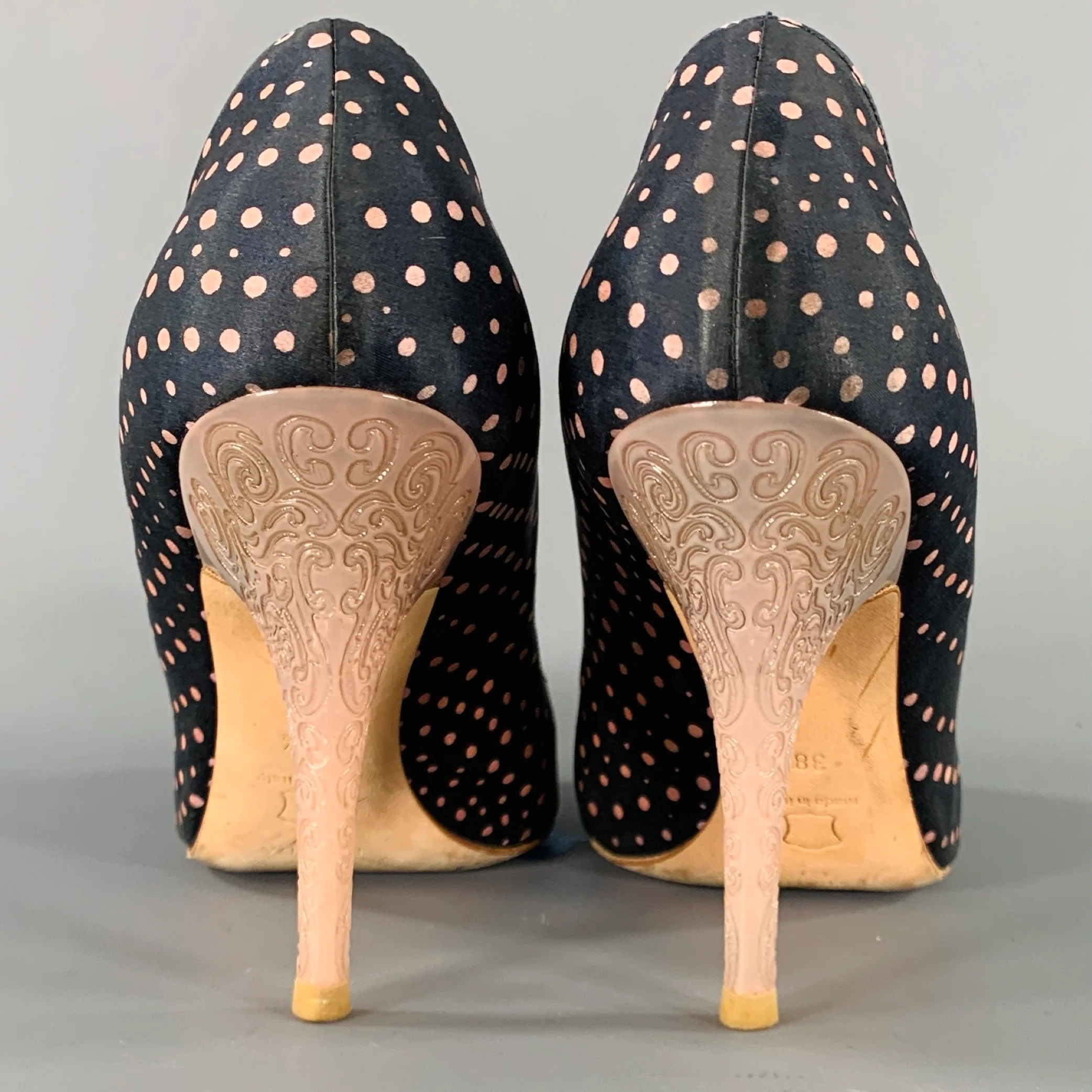 ESCADA Size 8.5 Navy Pink Silk Polka Dot Leather Trim Open Toe Pumps - Image 3