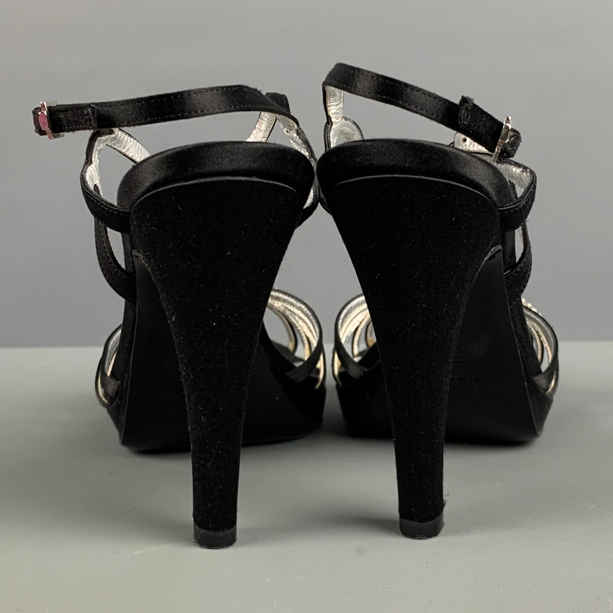 ESCADA Size 9 Black Silver Silk Rhinestones Ankle Strap Sandals - Image 3