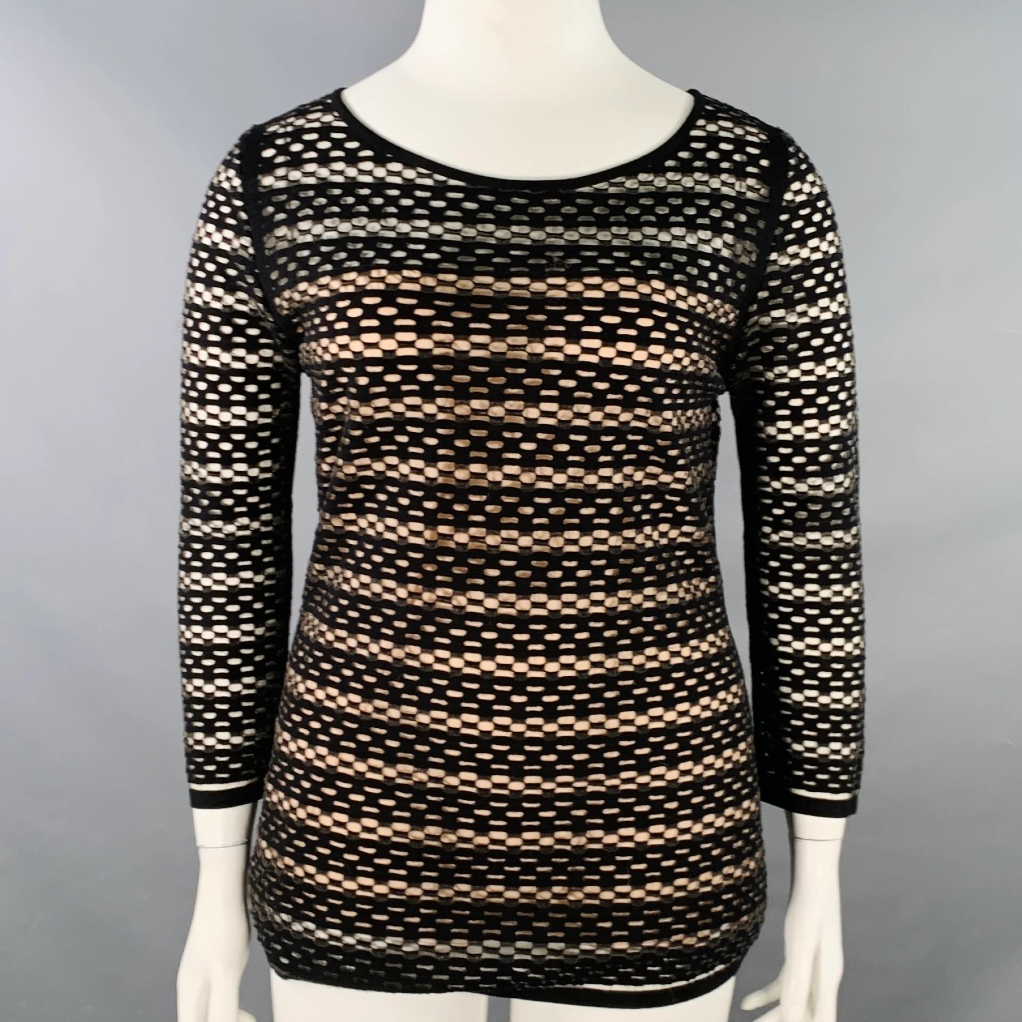 ESCADA Size L Black Nude Viscose Blend Textured Stripe 3/4 Sleeves Scoop Neck Casual Top