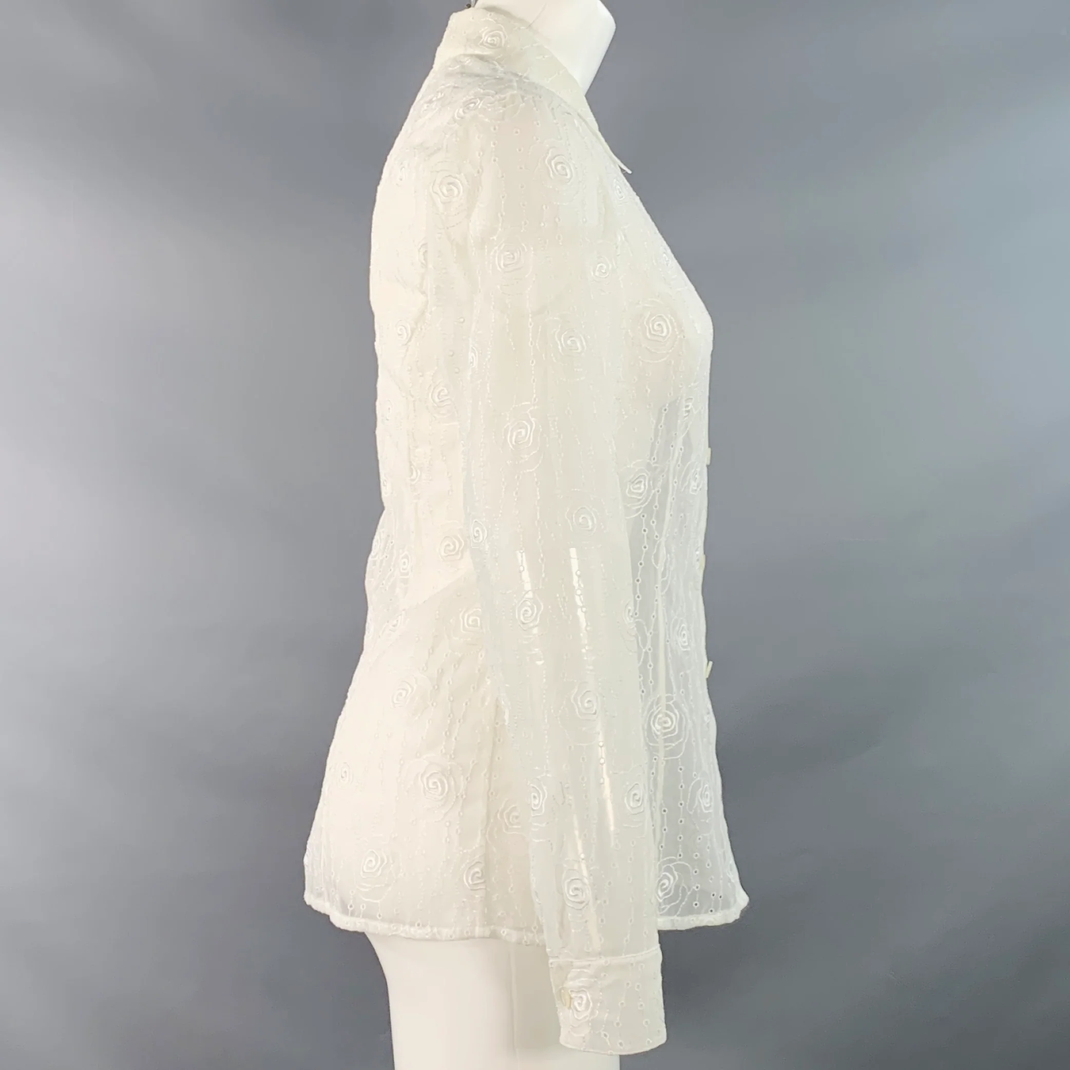 ESCADA Size M Cream Polyester Eyelet Button Up Shirt - Image 3