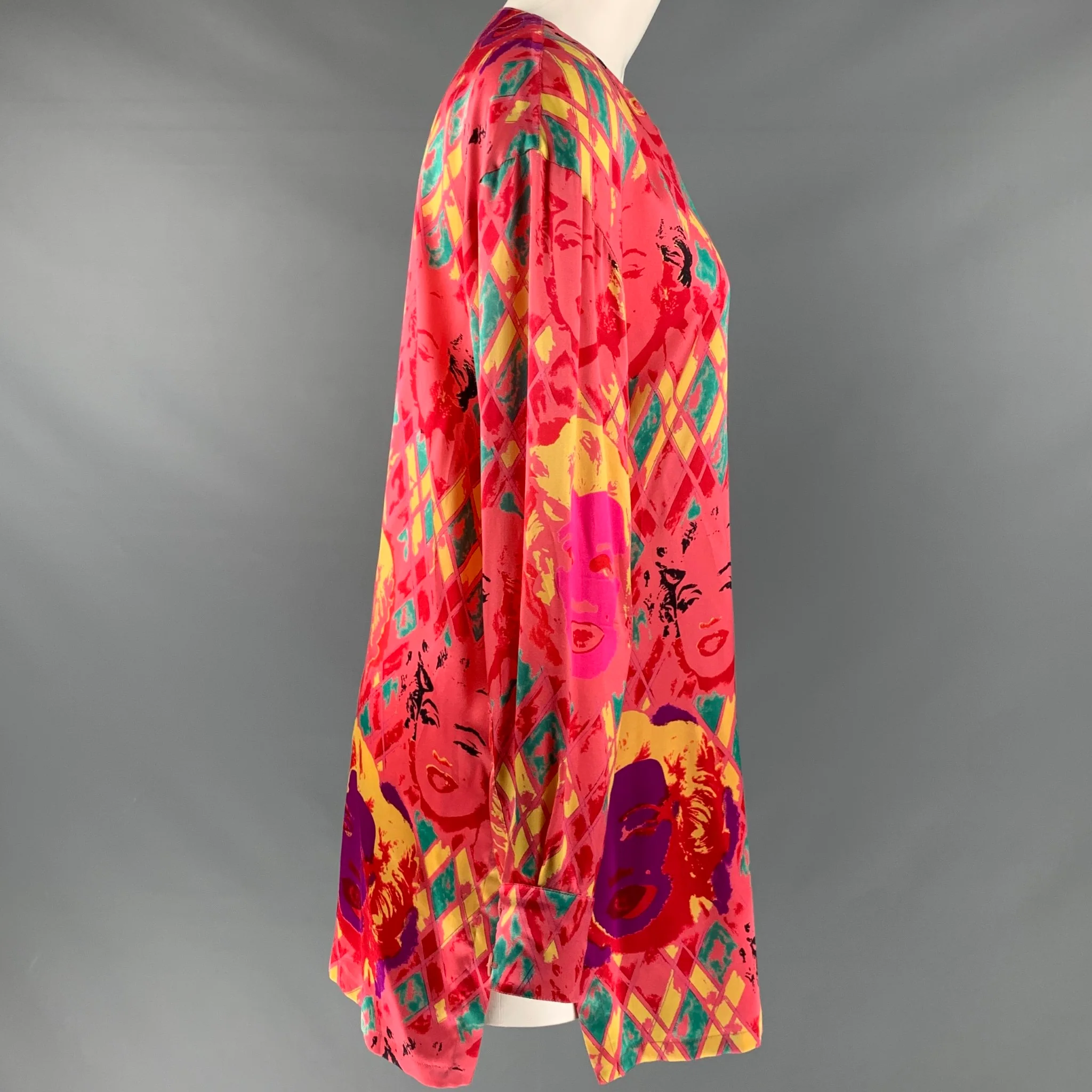 ESCADA Size M Pink Multi-Color Marilyn Silk Print Collarless Shirt - Image 3