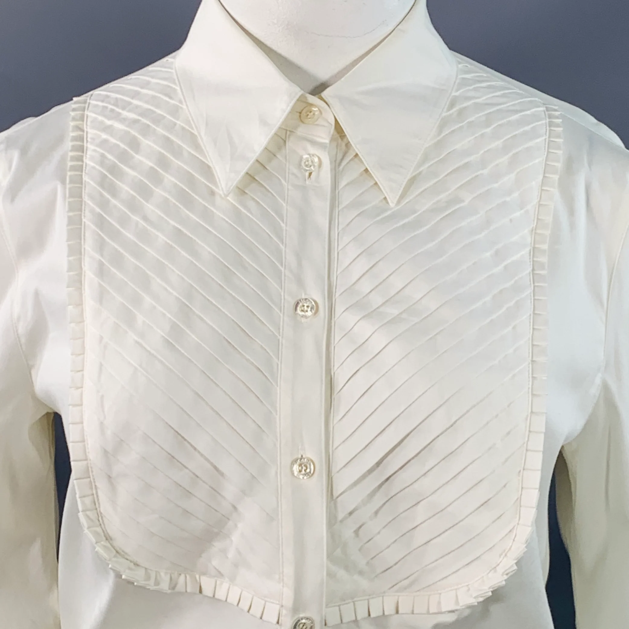 ESCADA Size XL Cream Cotton Blend Pleated Bib Button Up Shirt - Image 2