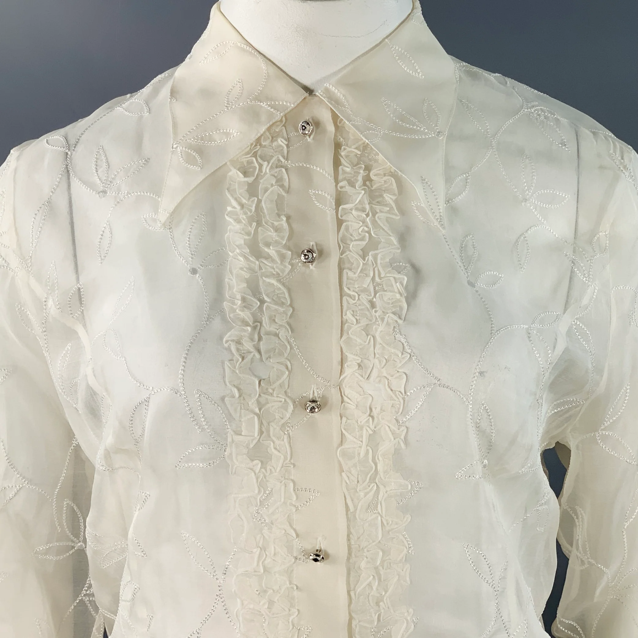 ESCADA Size XL Off White Silk Sheer Embroidered Ruffled Button Up Shirt - Image 2