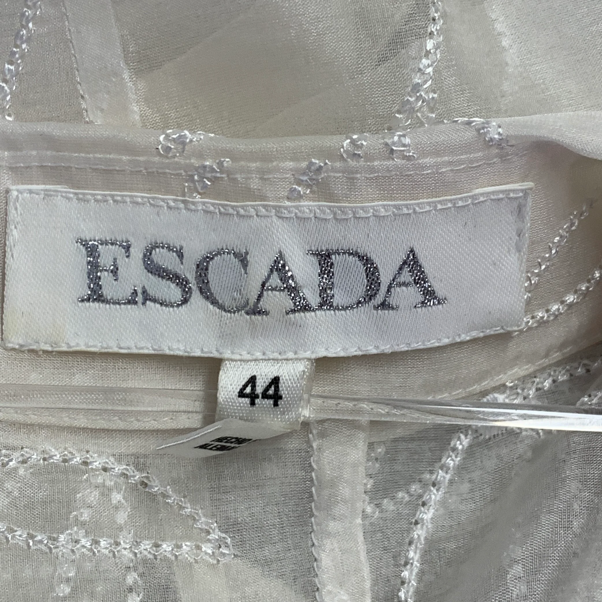ESCADA Size XL Off White Silk Sheer Embroidered Ruffled Button Up Shirt - Image 5