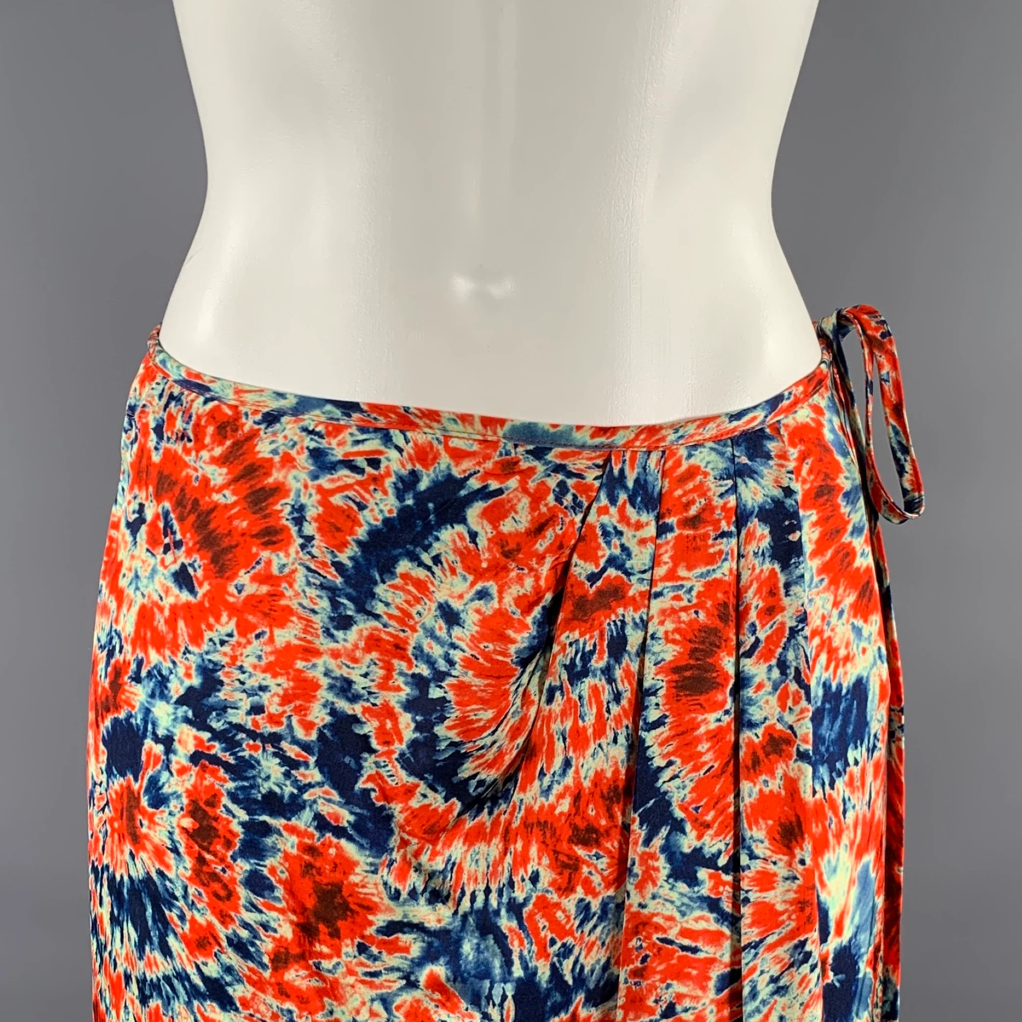 ESSENTIEL ANTWERP Size 6 Orange Blue Viscose Blend Tie Dye Mid-Calf Skirt - Image 2