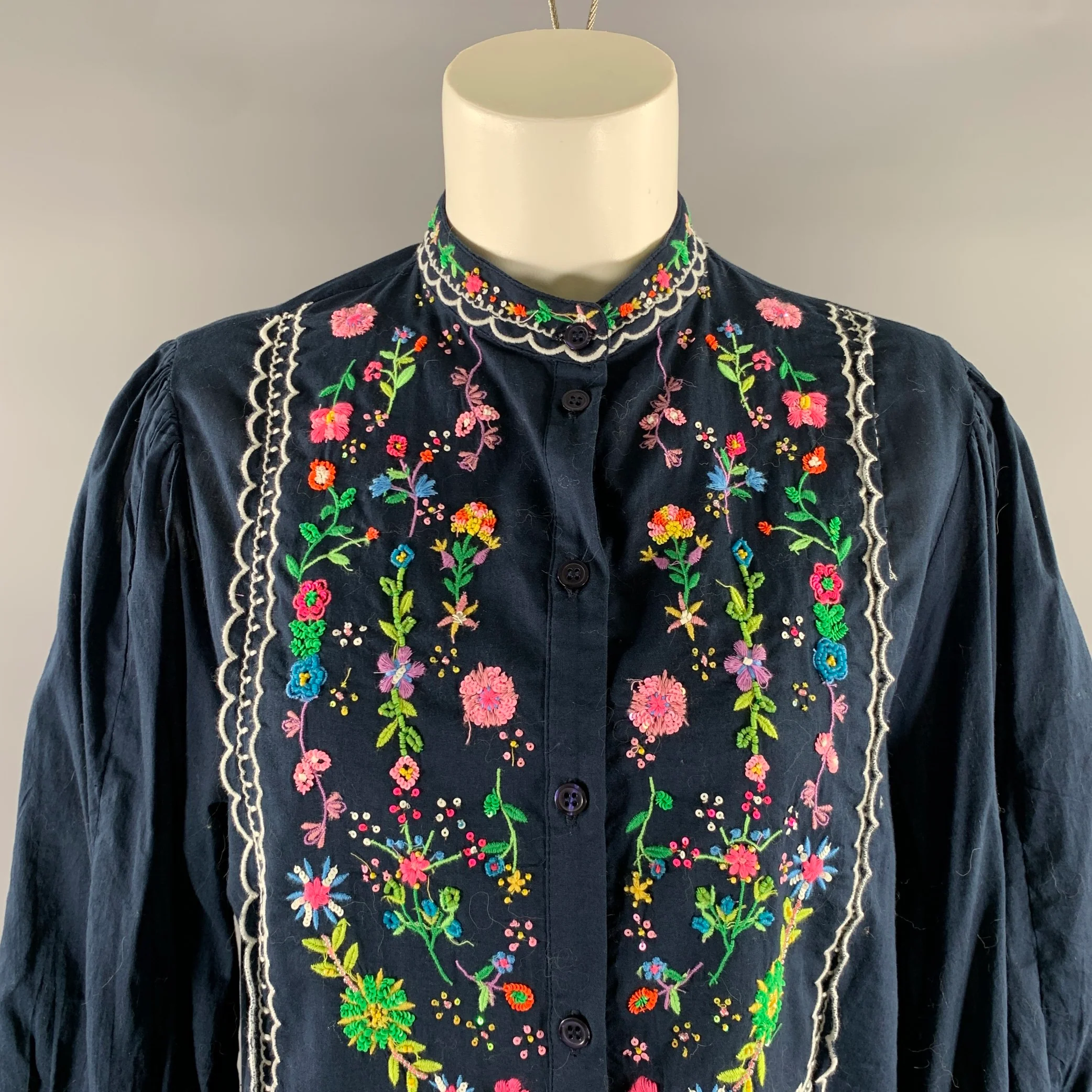 ESSENTIEL ANTWERP Size 8 Navy Multi-Color Beaded Mandarin Collar Blouse - Image 2