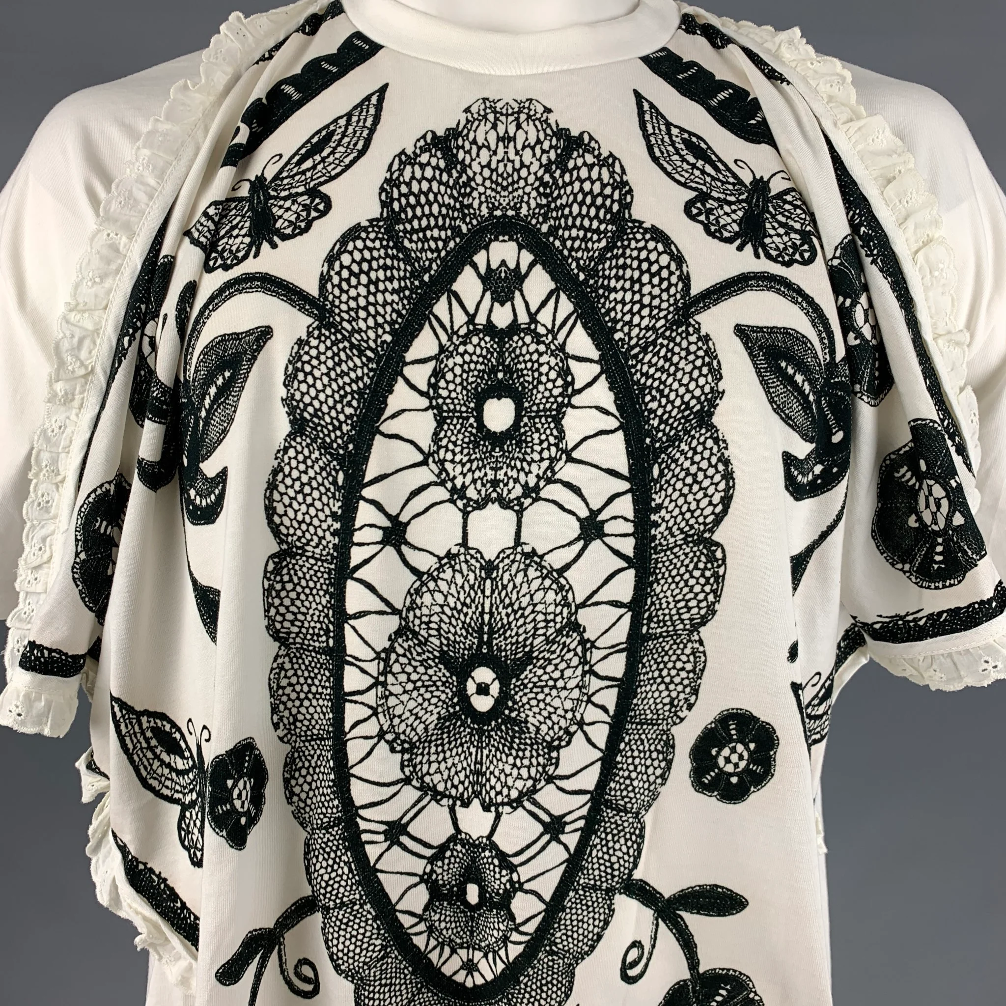 ESSENTIEL Size XL Cream Black Mixed Fabrics Cotton Short Sleeve T-shirt - Image 2