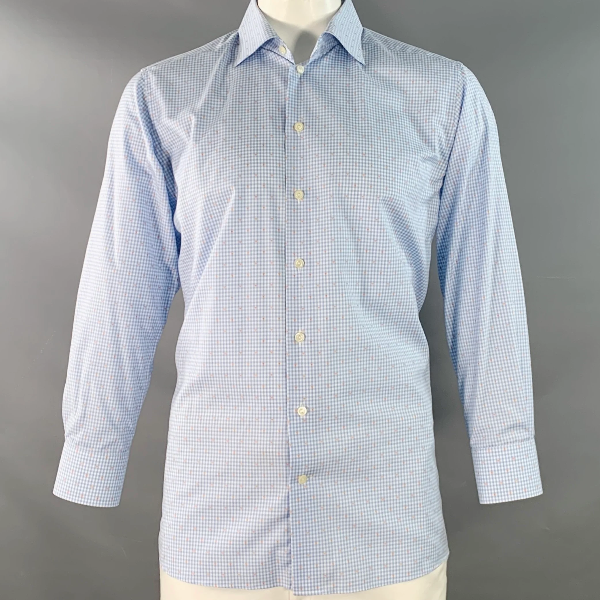 ETON Size L Blue White Orange Gingham Cotton Curved Cutaway Long Sleeve Shirt