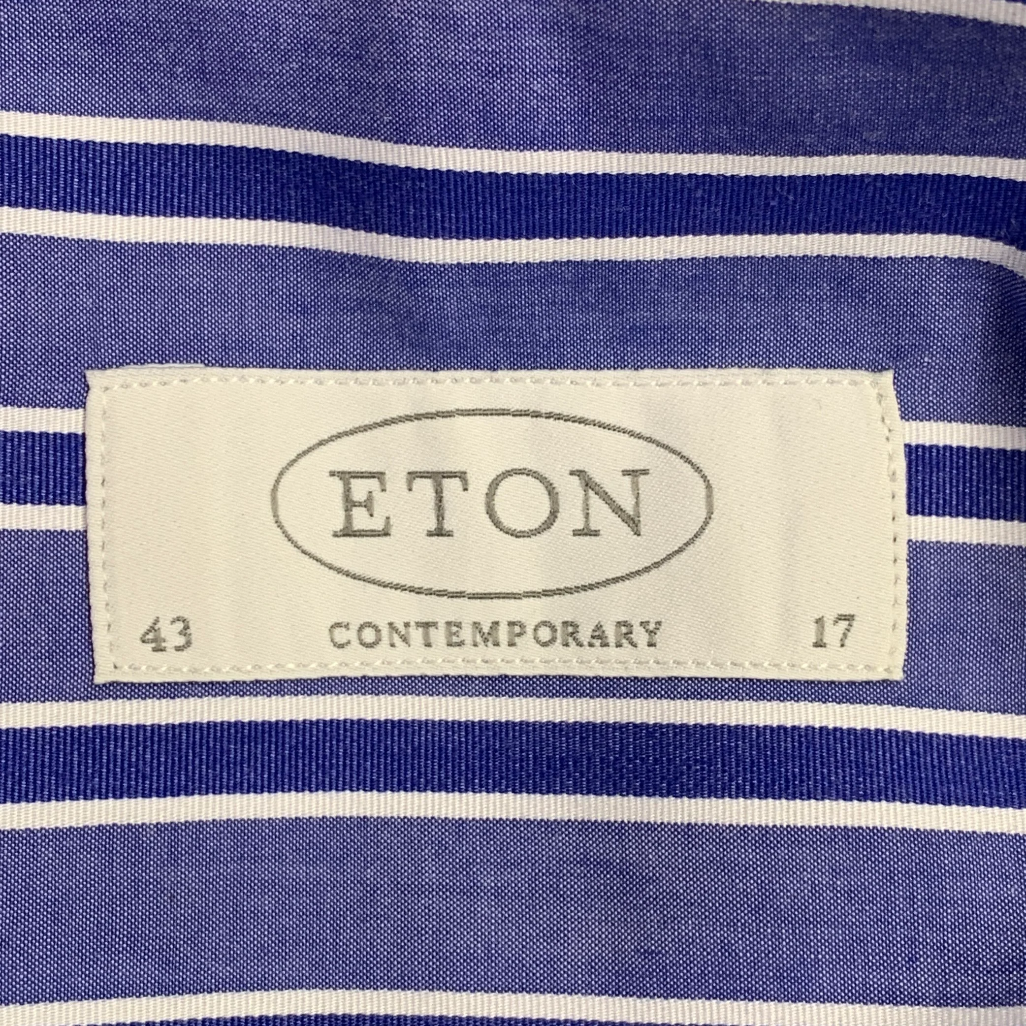 ETON Size L Blue White Stripe Cotton Curved Cutaway Long Sleeve Shirt - Image 5