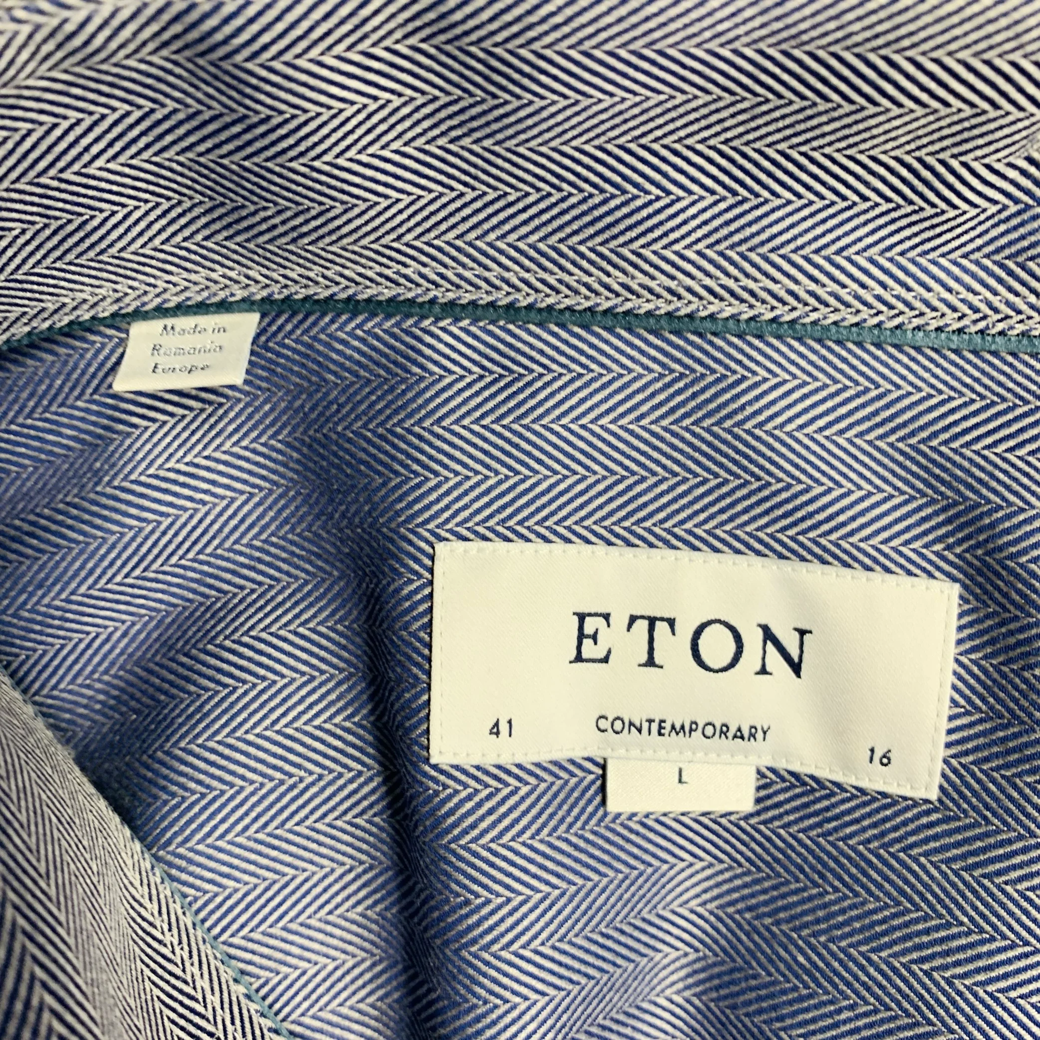 ETON Size L Navy White Herringbone Twill Cotton Curved Cutaway Long Sleeve Shirt - Image 8