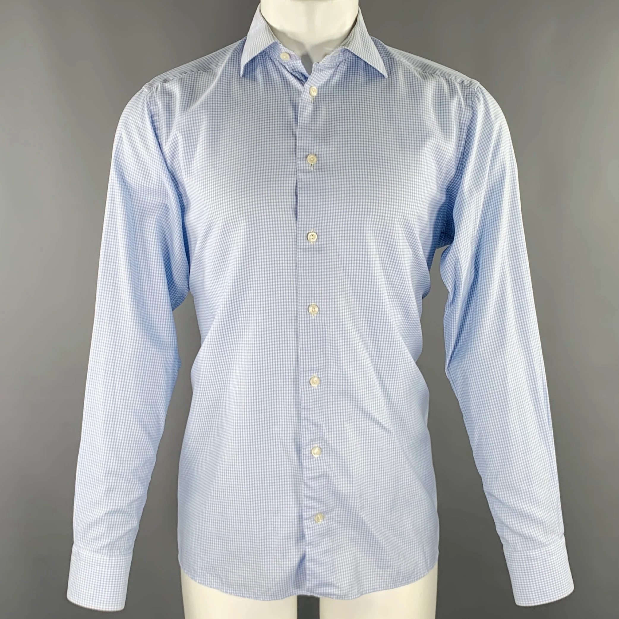 ETON Size M Blue White Checkered Cotton Blend Long Sleeve Shirt