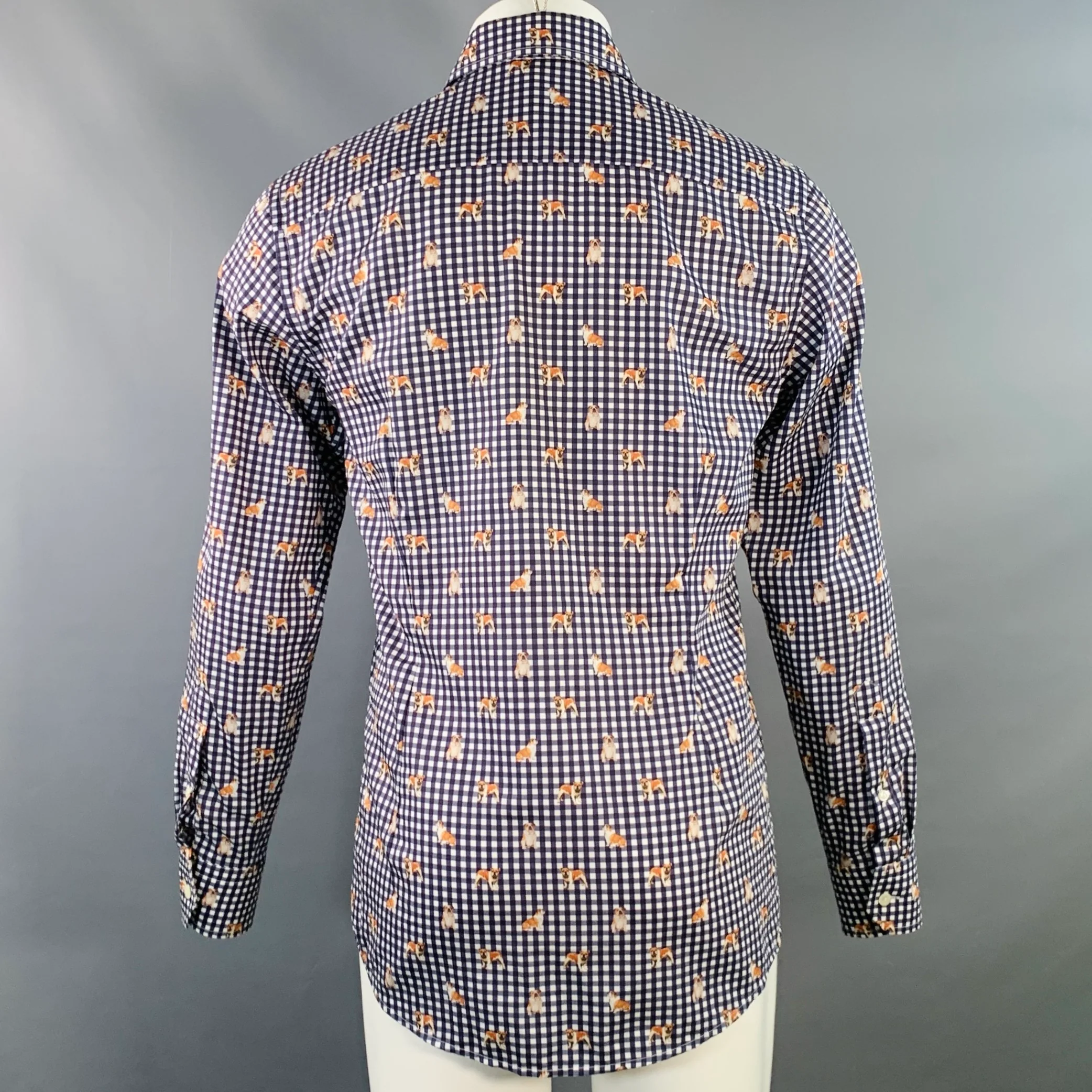 ETON Size M White Blue Checkered Cotton Curved Cutaway Long Sleeve Shirt - Image 4