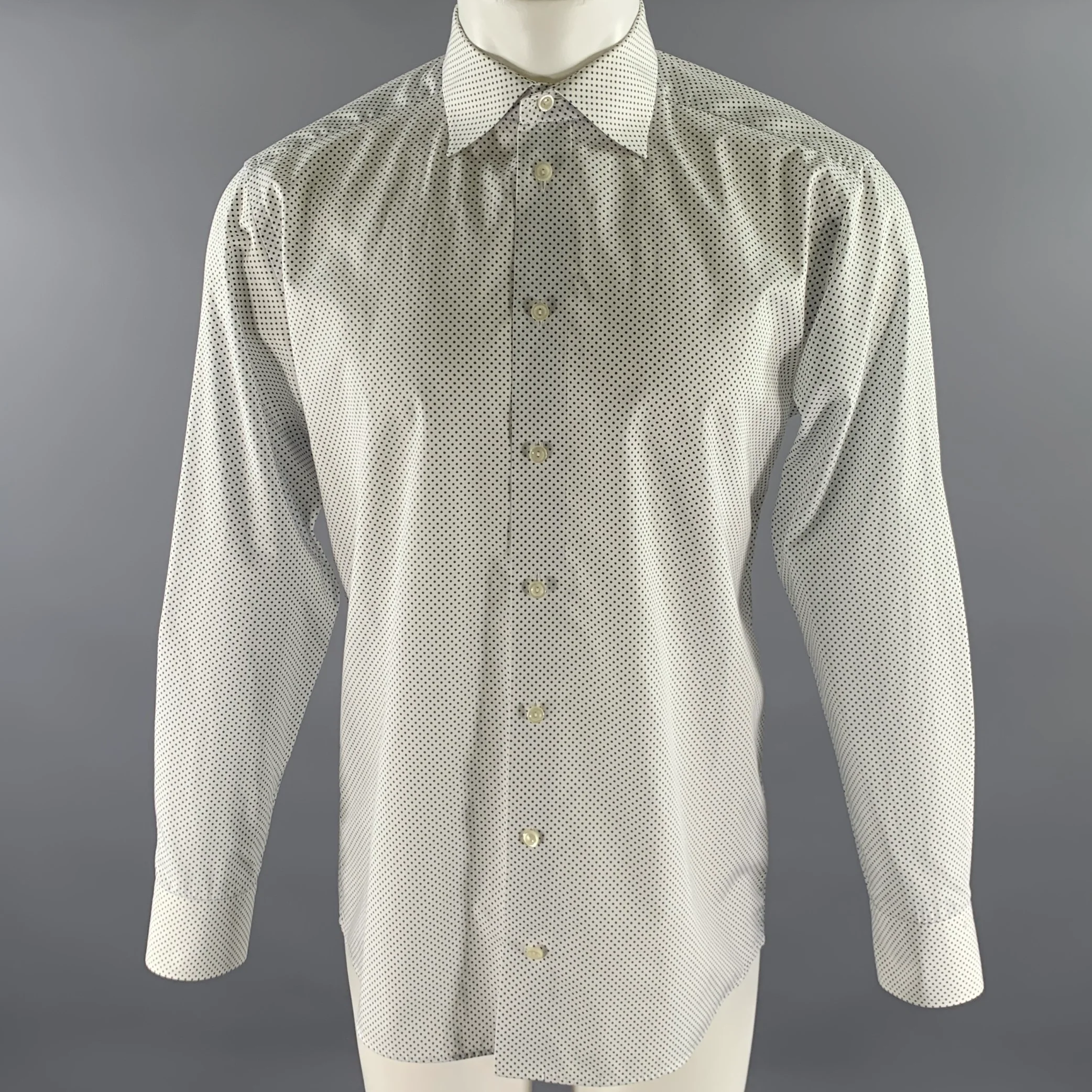 ETON Size M White Navy Polka Dot Cotton Pointed Collar Long Sleeve Shirt