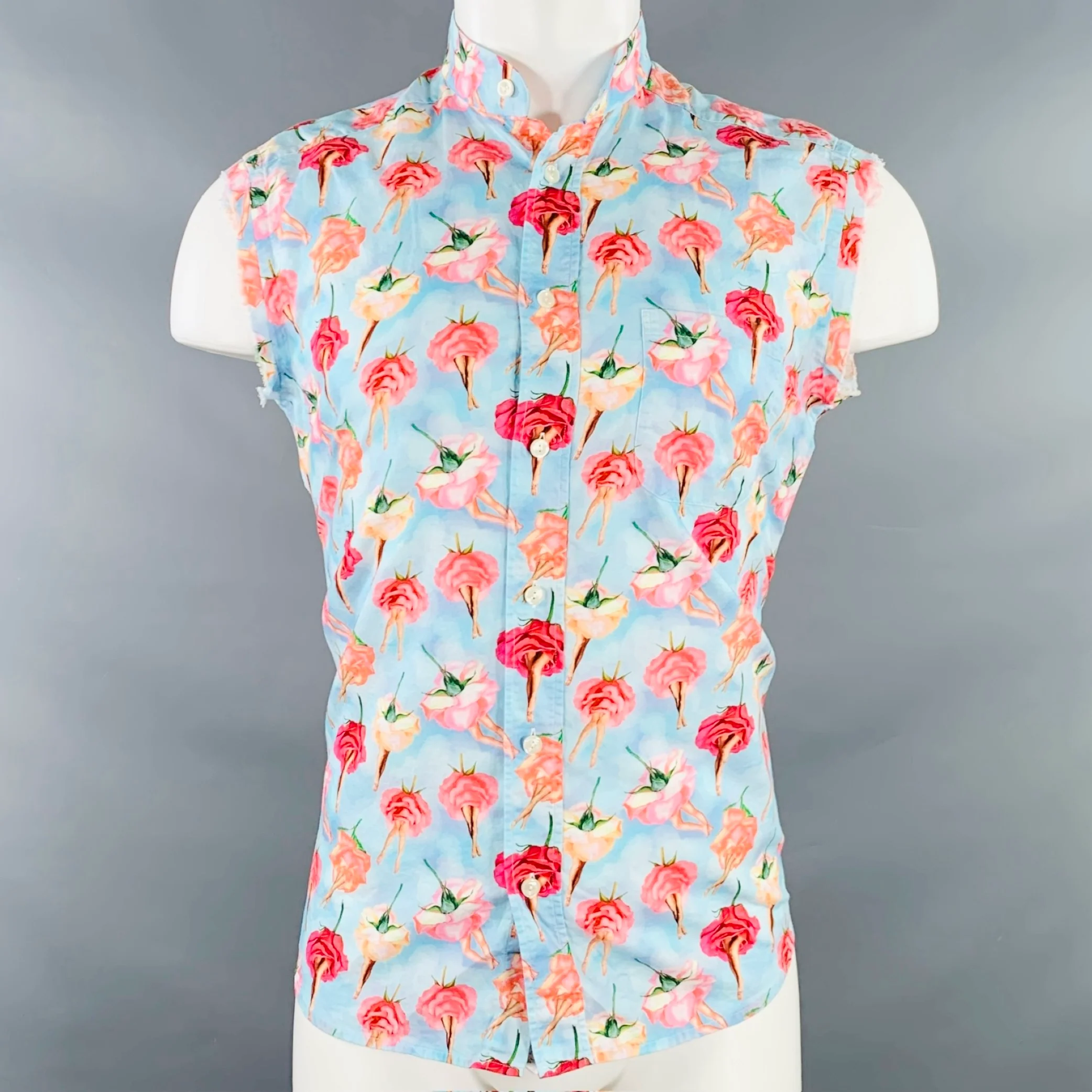 ETON Size S Blue Pink Floral One Pocket Cutoff Sleeves Tank Top