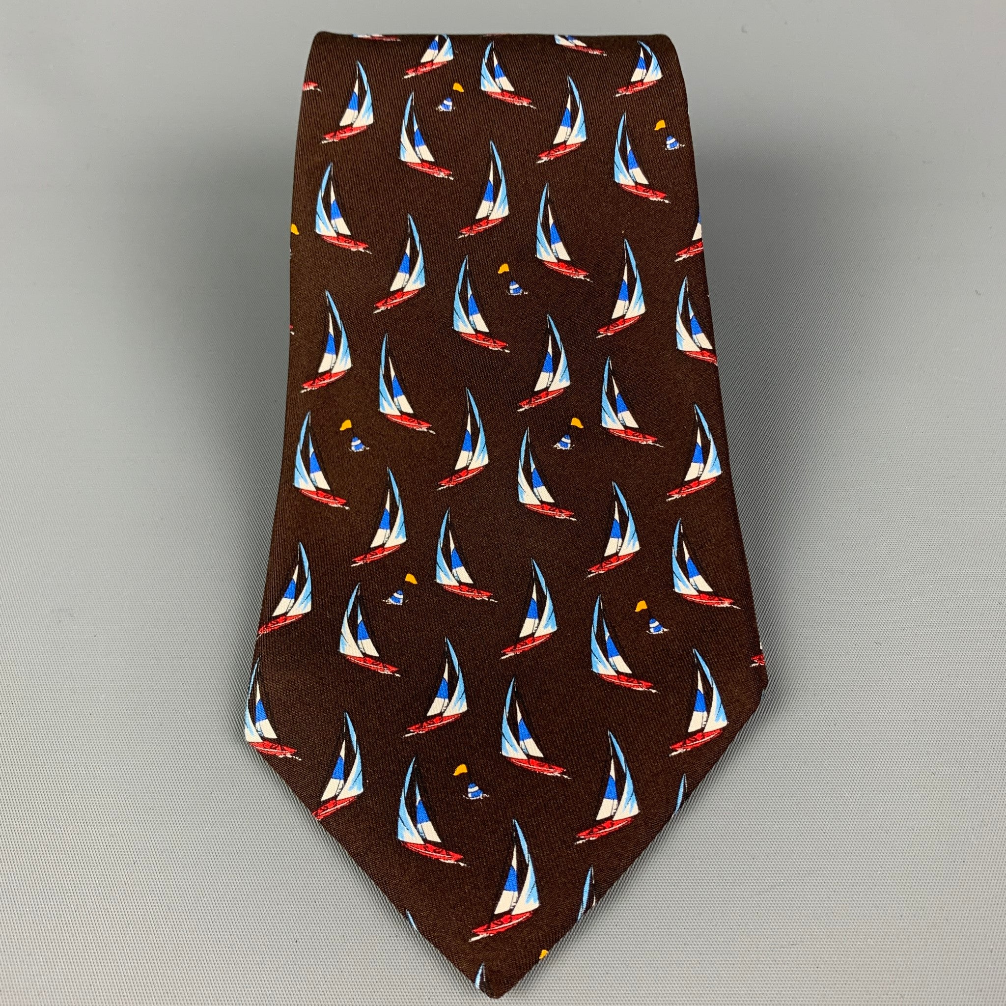 ETRO Brown Print Sailboat Print Silk Tie - Image 2