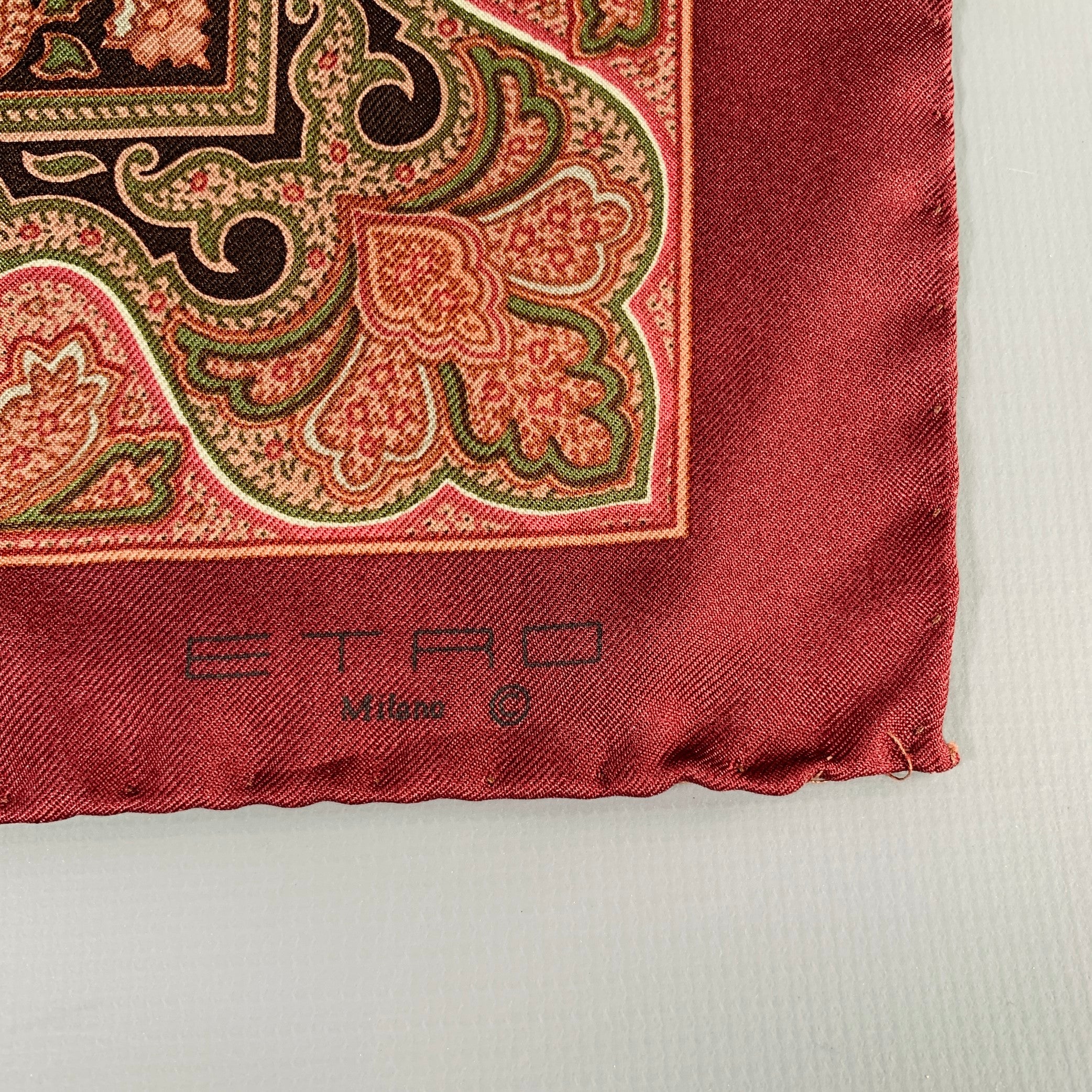 ETRO Burgundy Olive Paisley Silk Pocket Square - Image 2