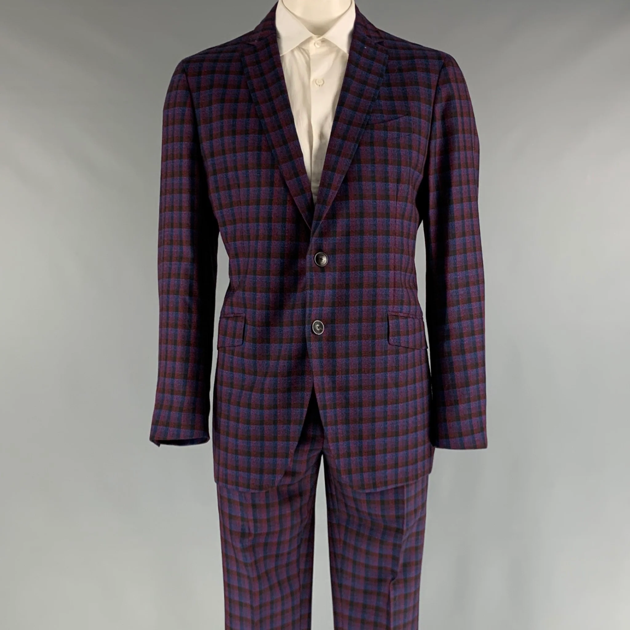 ETRO Chest Size 48 Navy Red Checkered Wool Single Breasted 37 31 Suit
