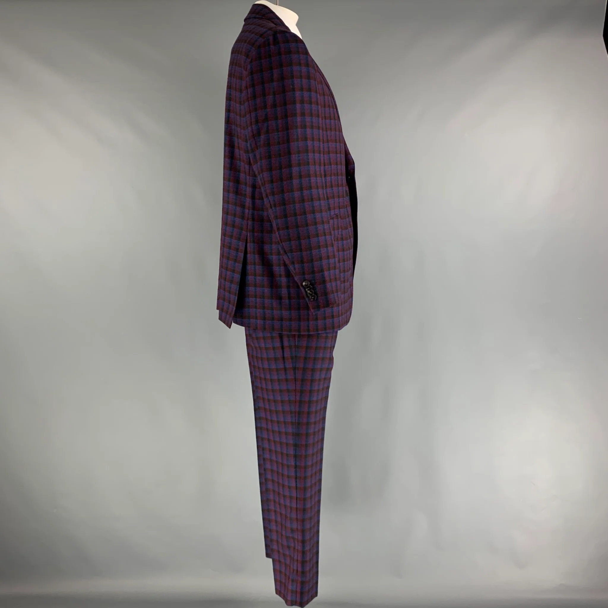 ETRO Chest Size 48 Navy Red Checkered Wool Single Breasted 37 31 Suit - Image 3
